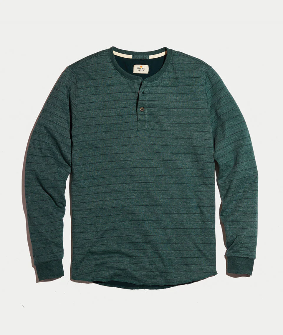 Double Knit Henley in Green/Blue Stripe