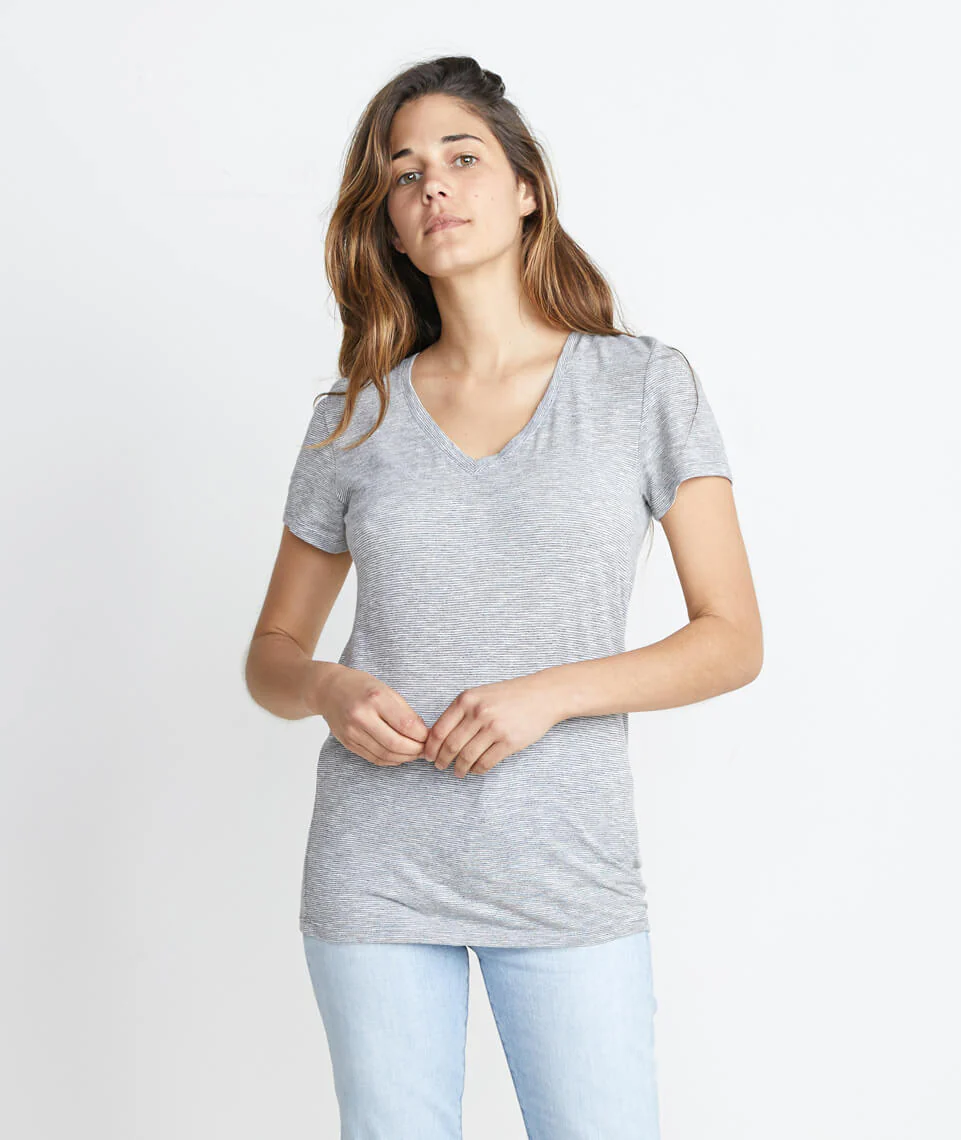 Slub V-Neck in Thin Grey and White Stripe