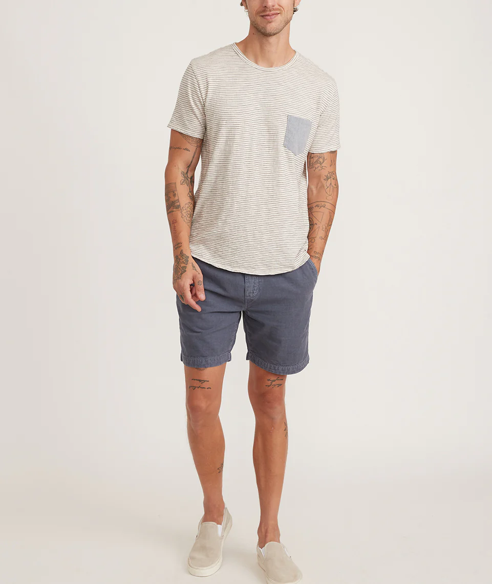 Saddle Hem Chambray Pocket Tee in Natural/Black Stripe