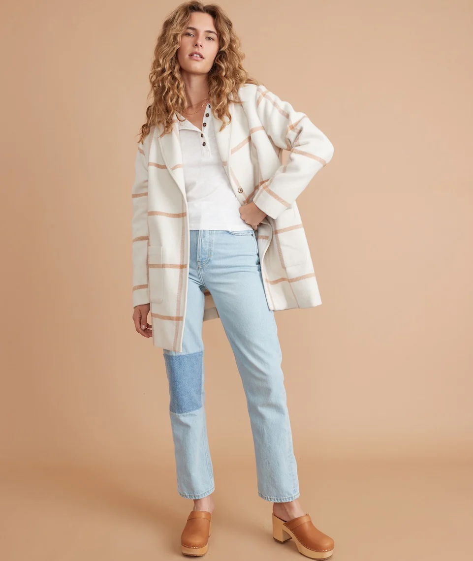 Liverpool Shawl Collar Coatigan in Cream/Camel Windowpane