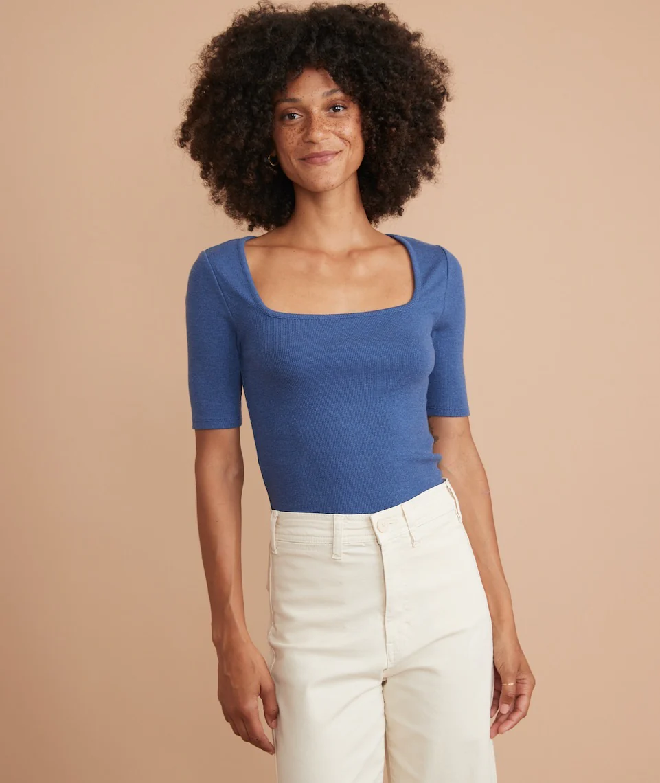 Lexi Rib Square Neck Top in Blue Heather