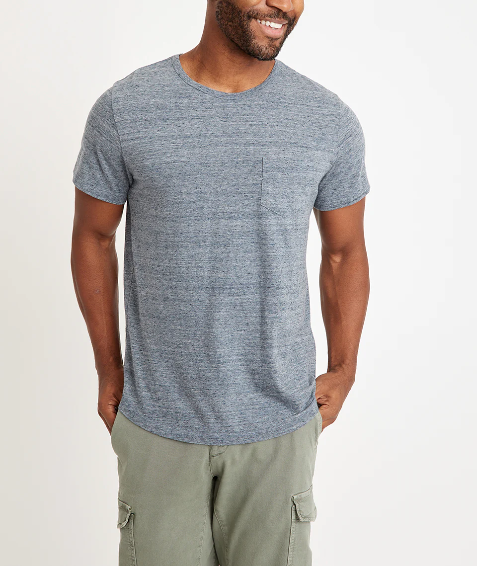Re-Spun Saddle Hem Pocket Tee in Heather Blue Neps