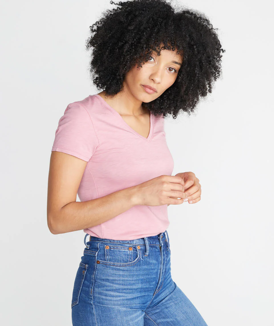 Slub V Neck in Dusty Rose