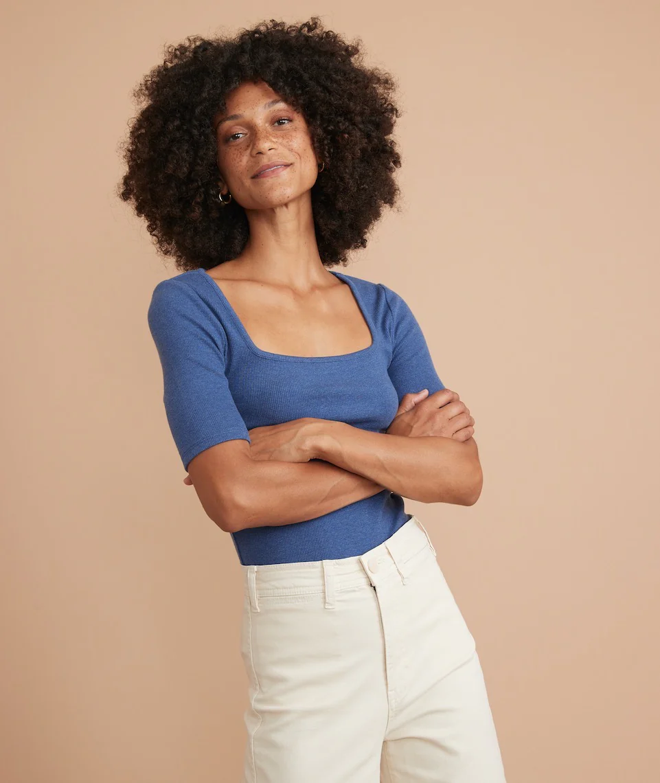 Lexi Rib Square Neck Top in Blue Heather