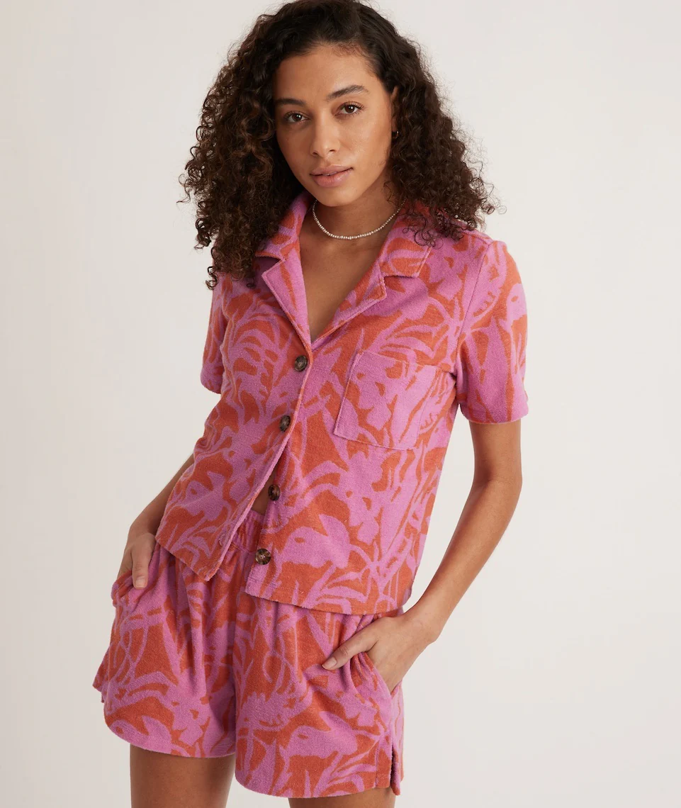 Terry Out Resort Shirt in Orange/Lavender Floral Print