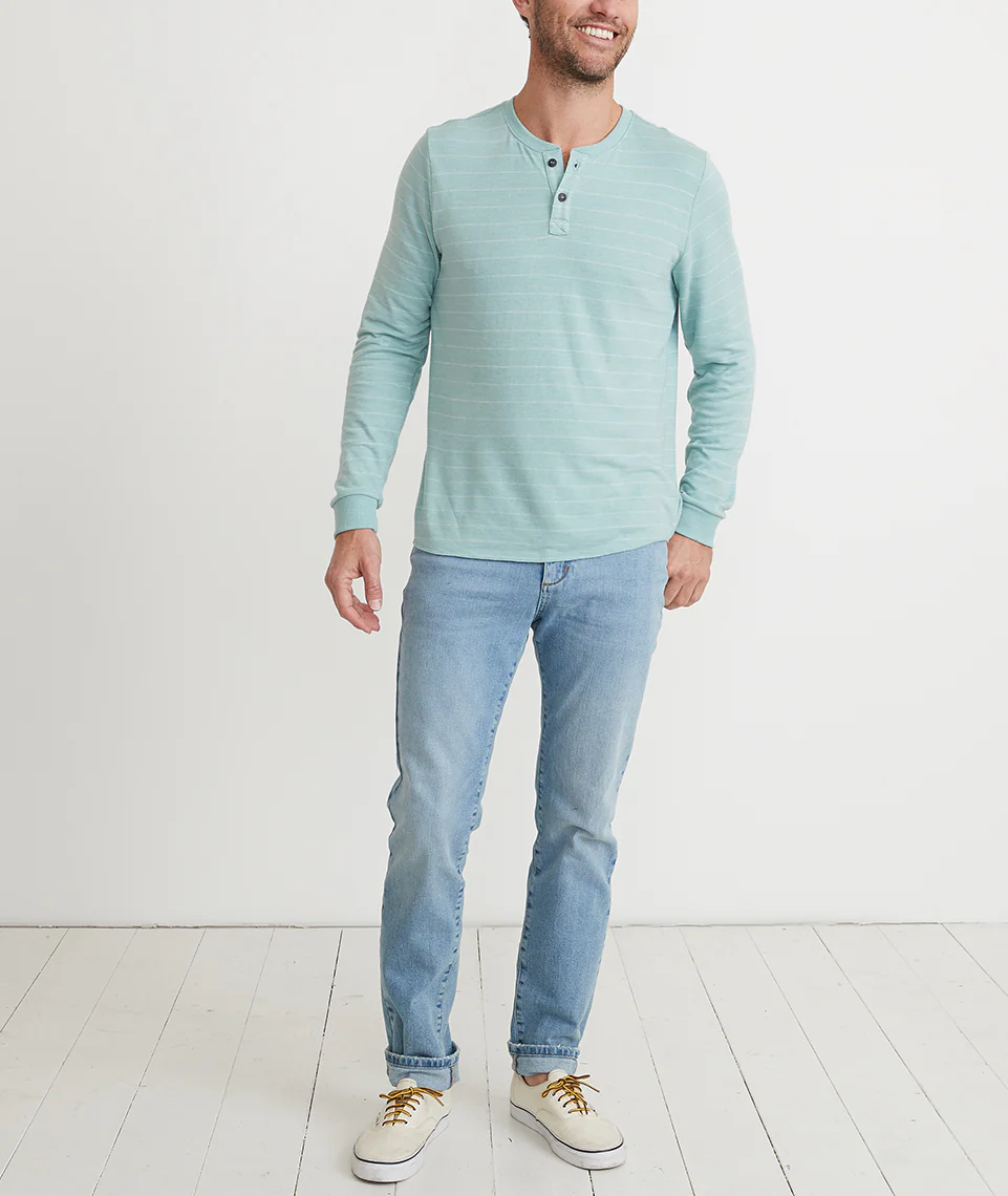 Double Knit Henley in Blue Surf/White Stripe