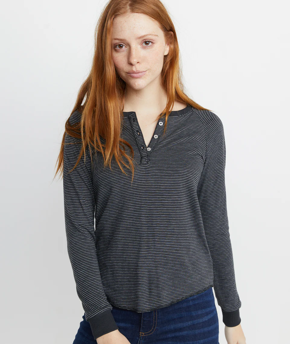 Double Knit Henley in Black/White Stripe