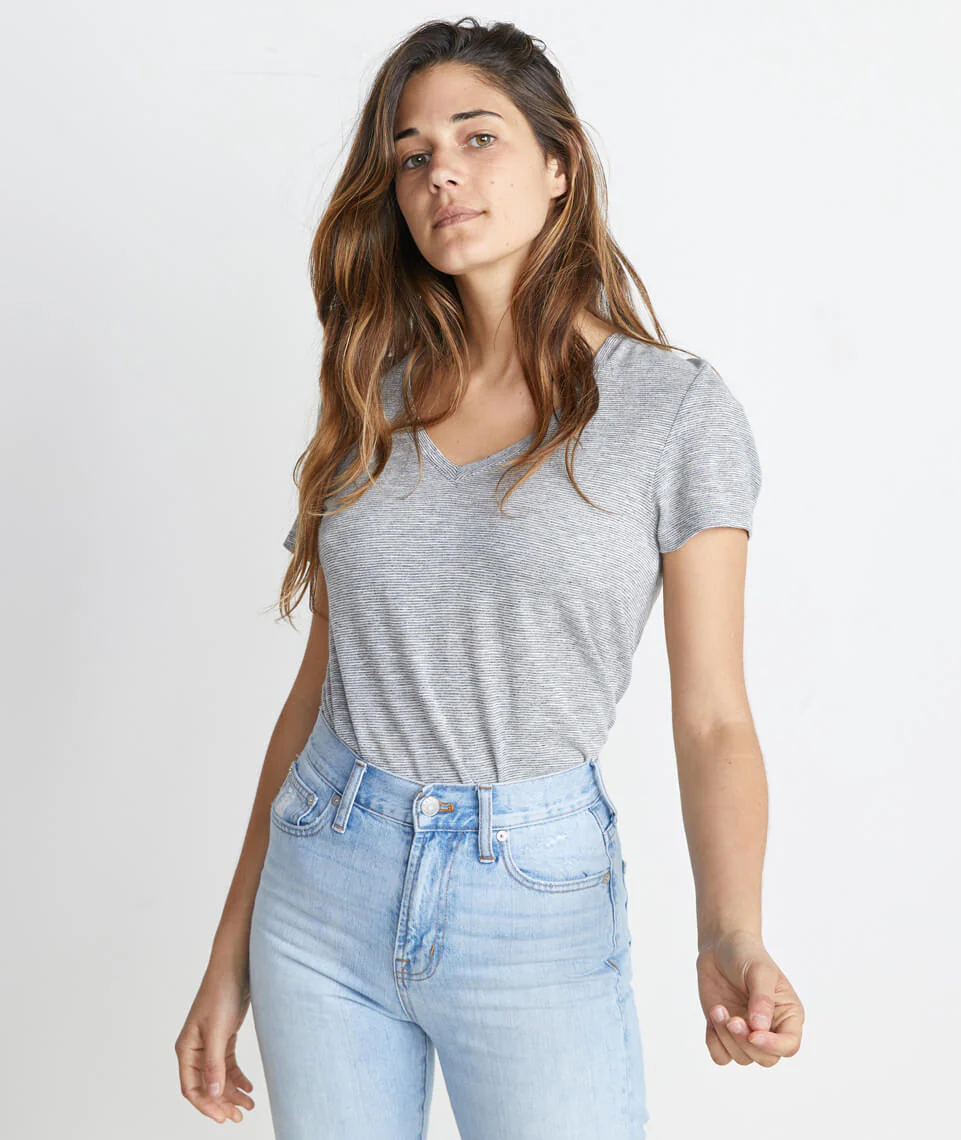 Slub V-Neck in Thin Grey and White Stripe