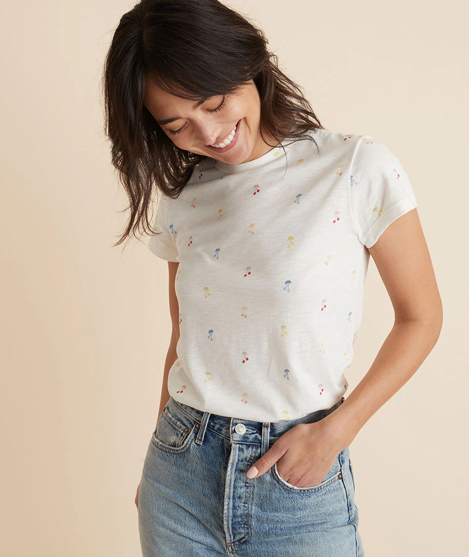 Classic Crew Tee in White Cherry Print