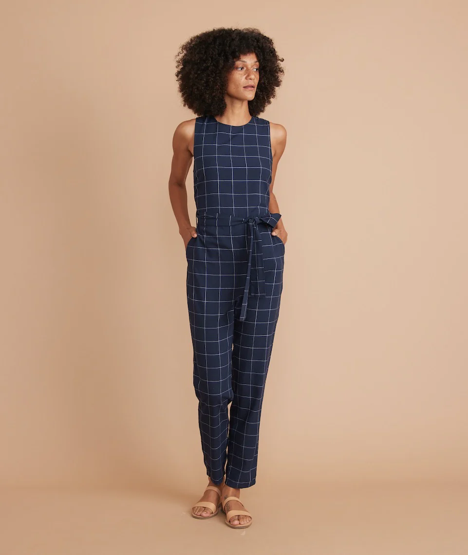 Eloise Belted Jumpsuit in Navy Windowpane