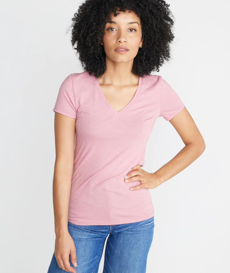 Slub V Neck in Dusty Rose