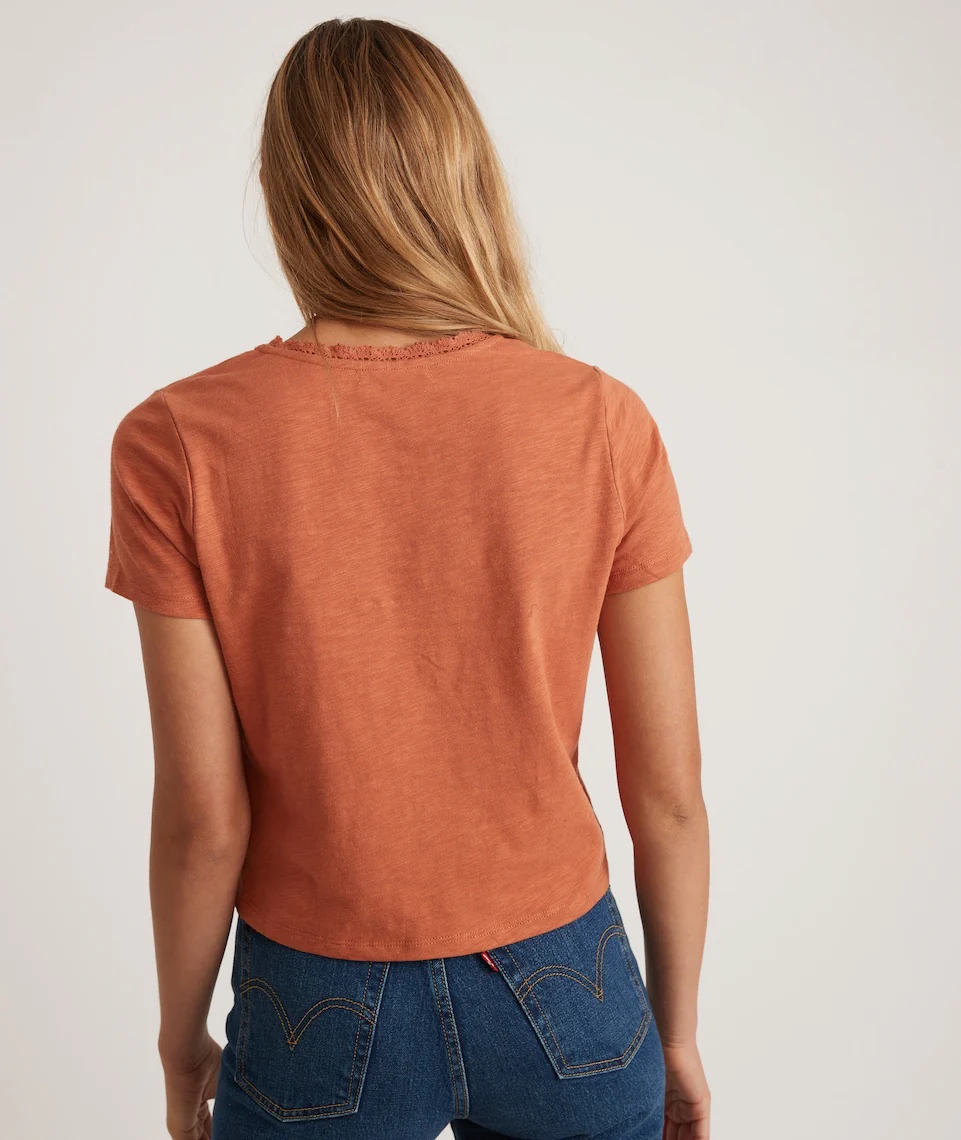 Rhea Lace Trim V-Neck Tee in Amber Brown