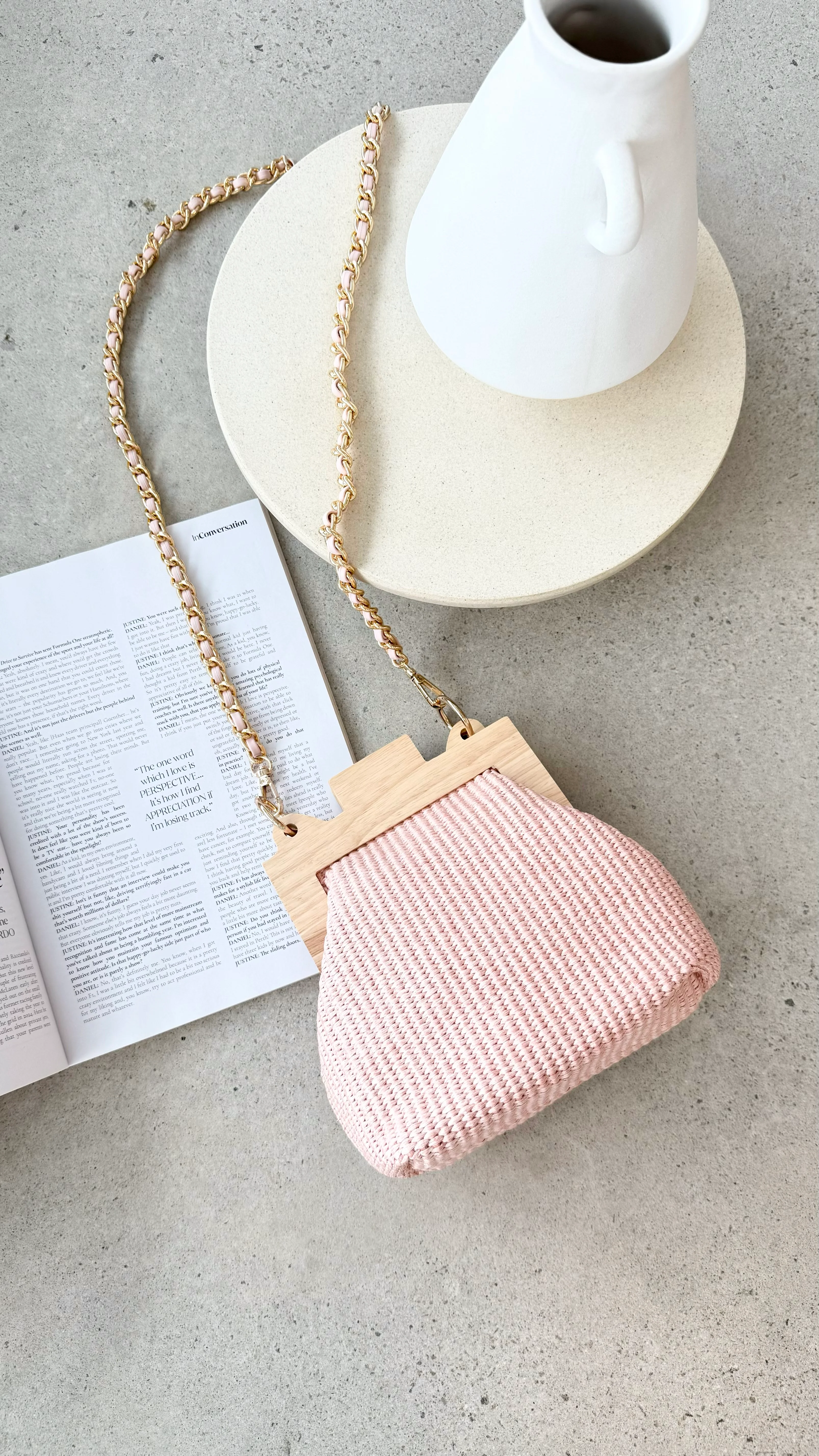 Abby Timber Frame Woven Mini Bag - Pale / Pink