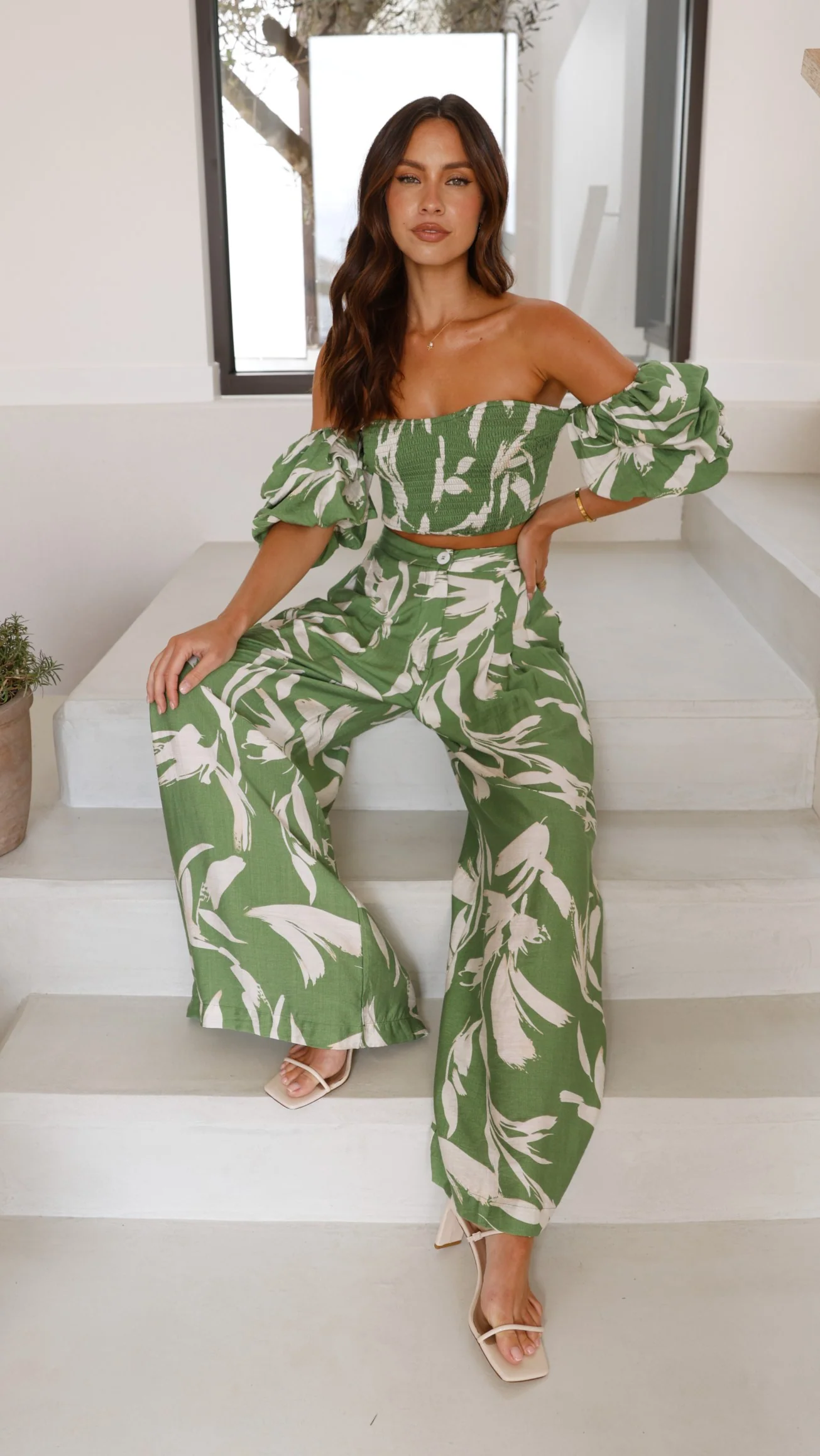 Callison Crop Top and Pants Set - Green Print