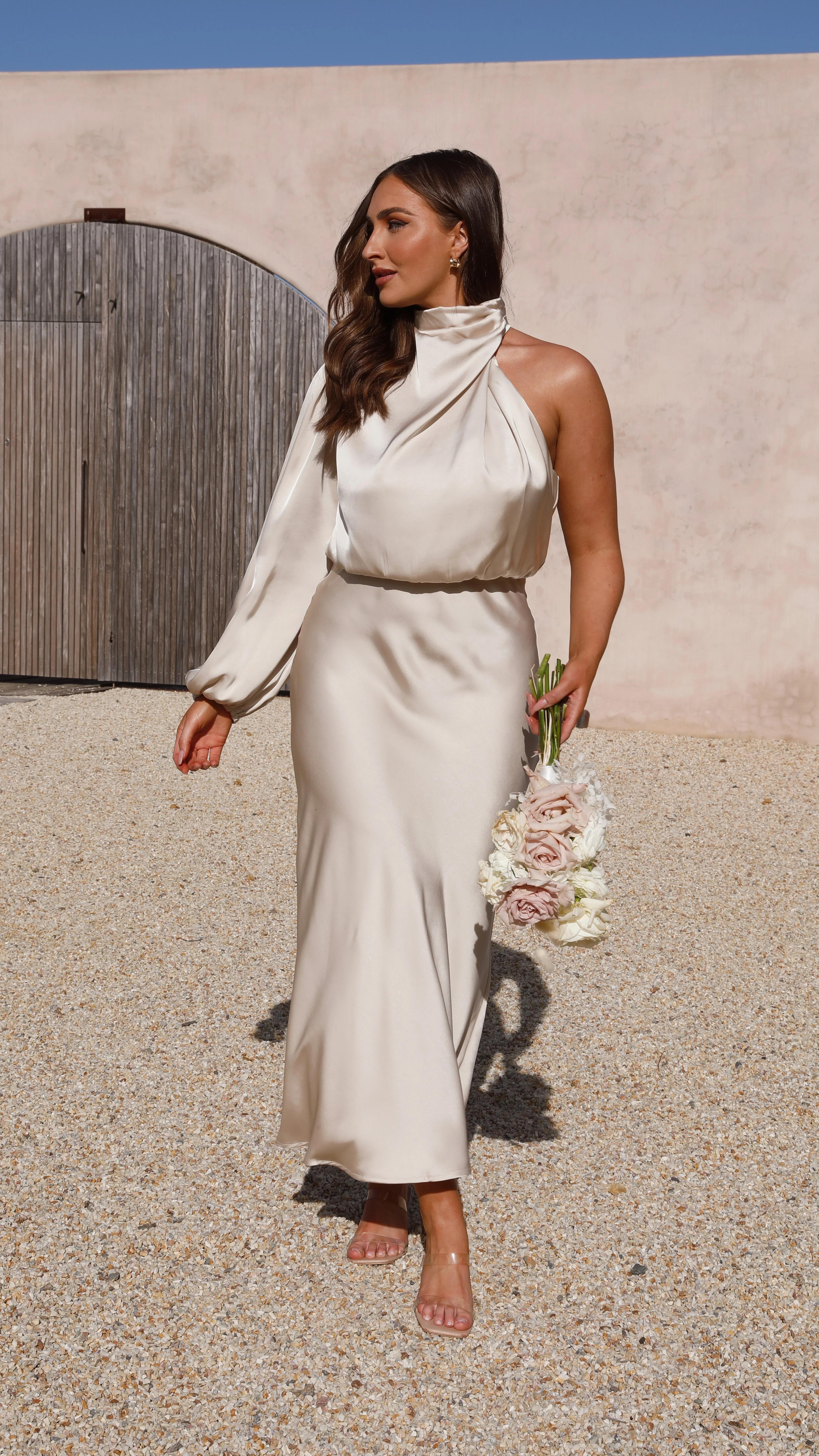 Esther One Shoulder Long Sleeve Dress - Champagne