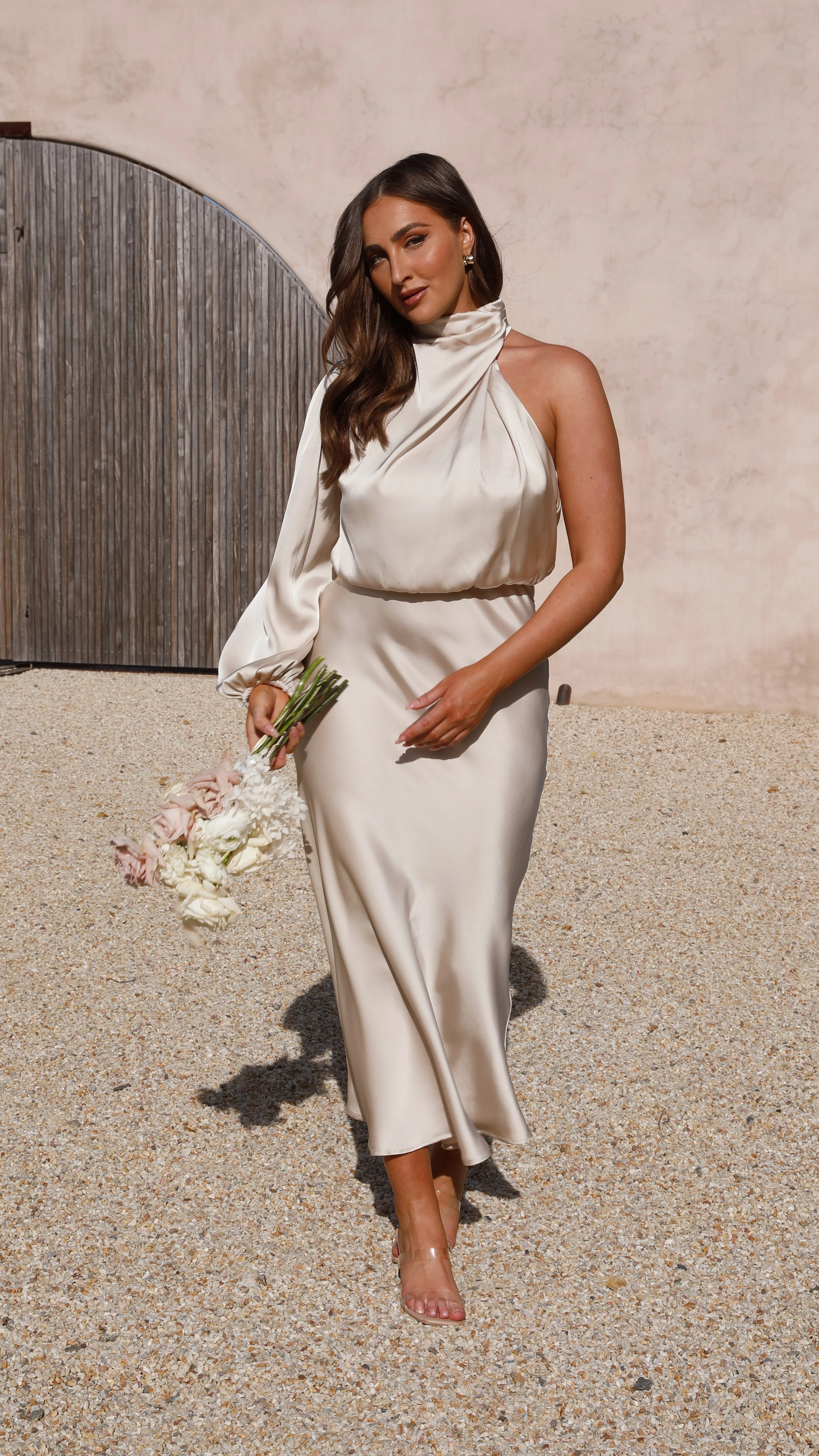 Esther One Shoulder Long Sleeve Dress - Champagne