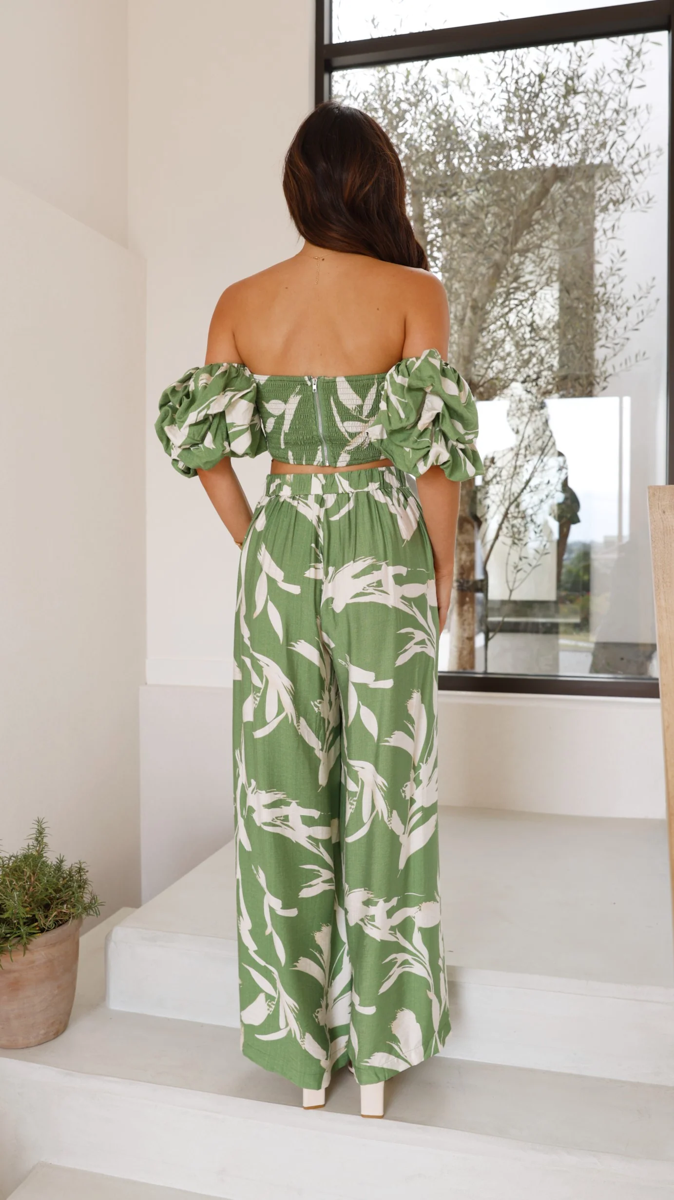 Callison Crop Top and Pants Set - Green Print