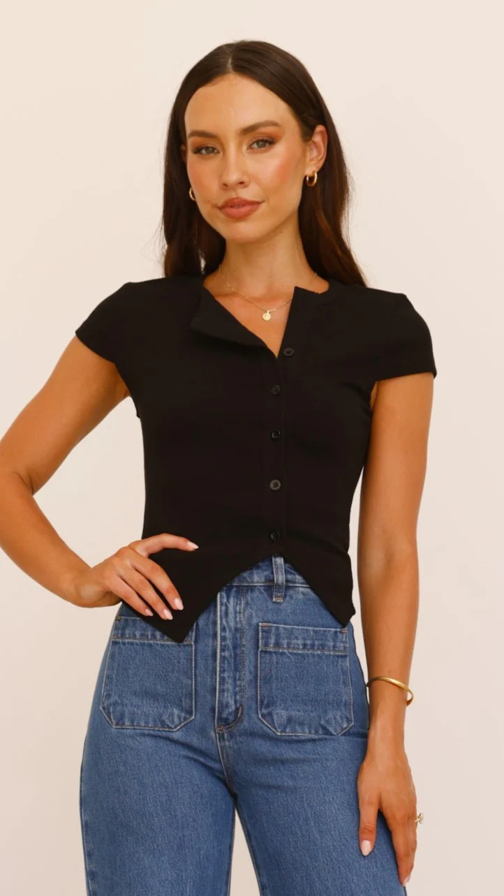 Elodie Ribbed Button Top - Black