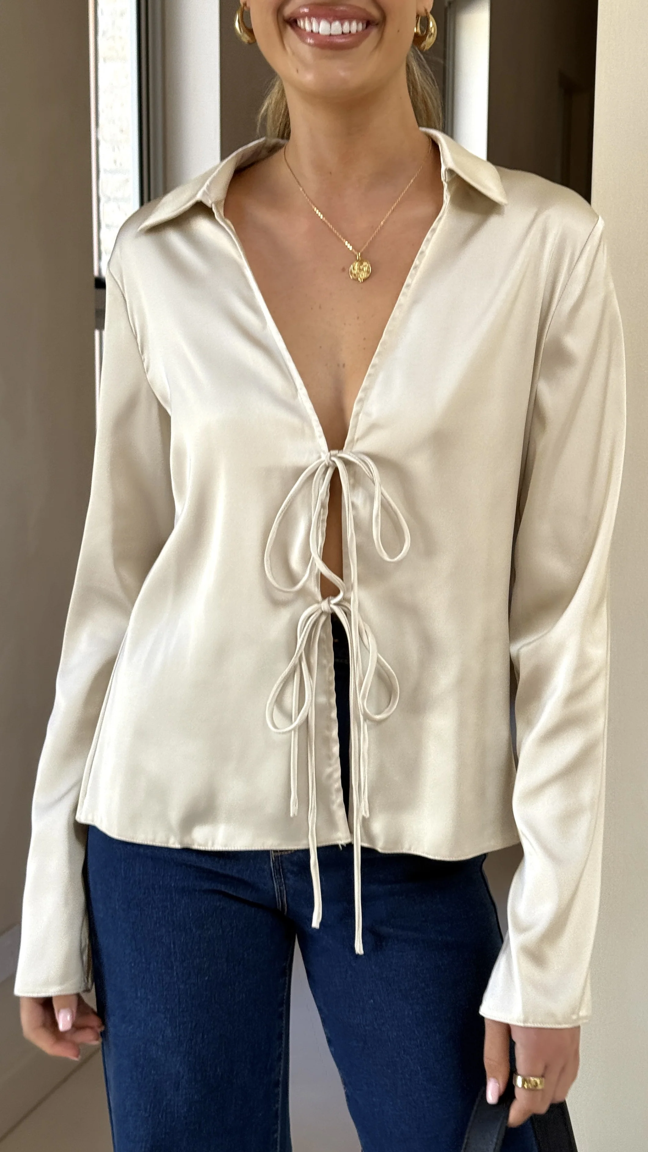 Darielle Tie Front Long Sleeve Top - Champagne