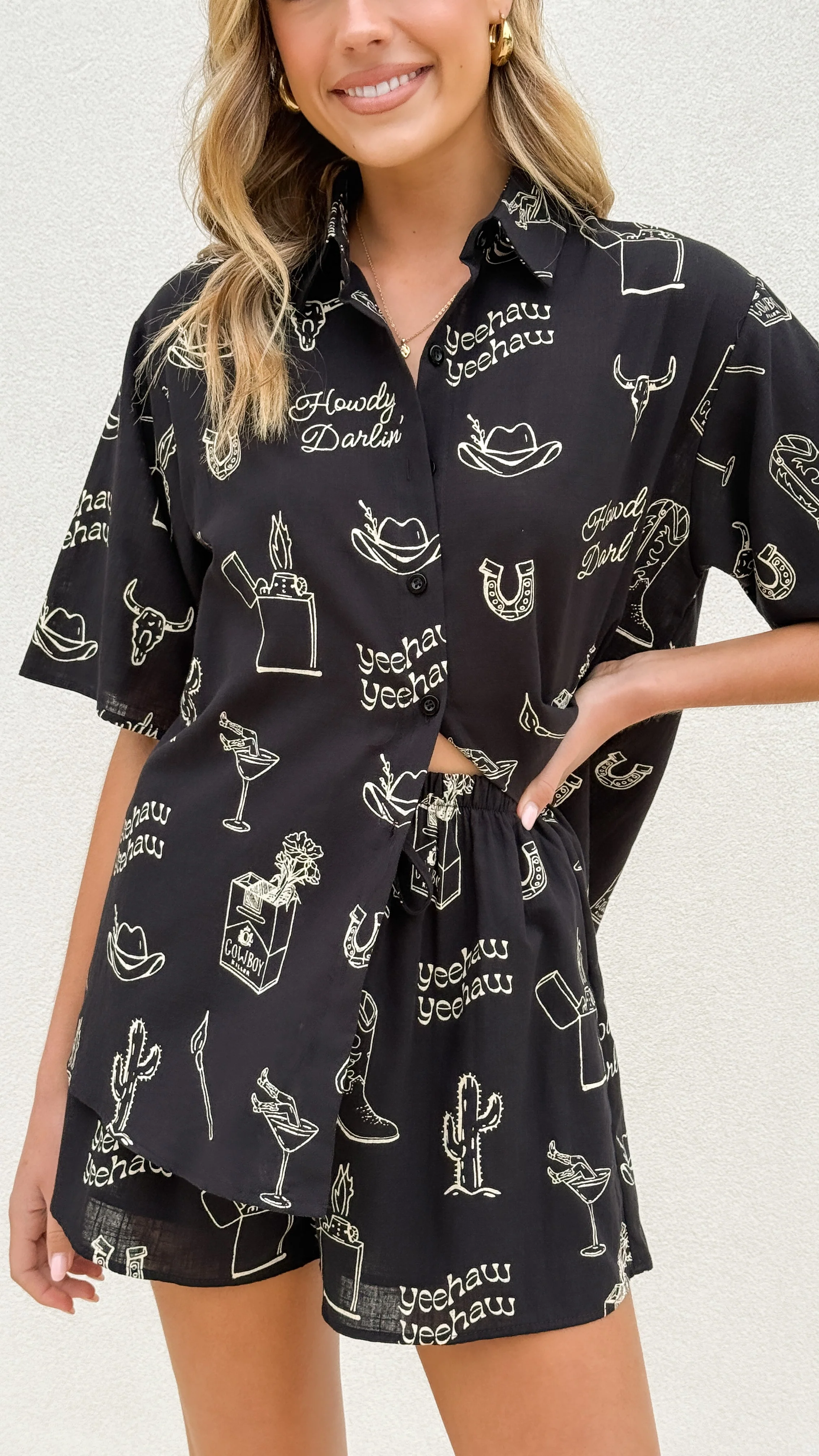 Charli Button Up Shirt and Shorts Set - Black/Beige Cowboy Print