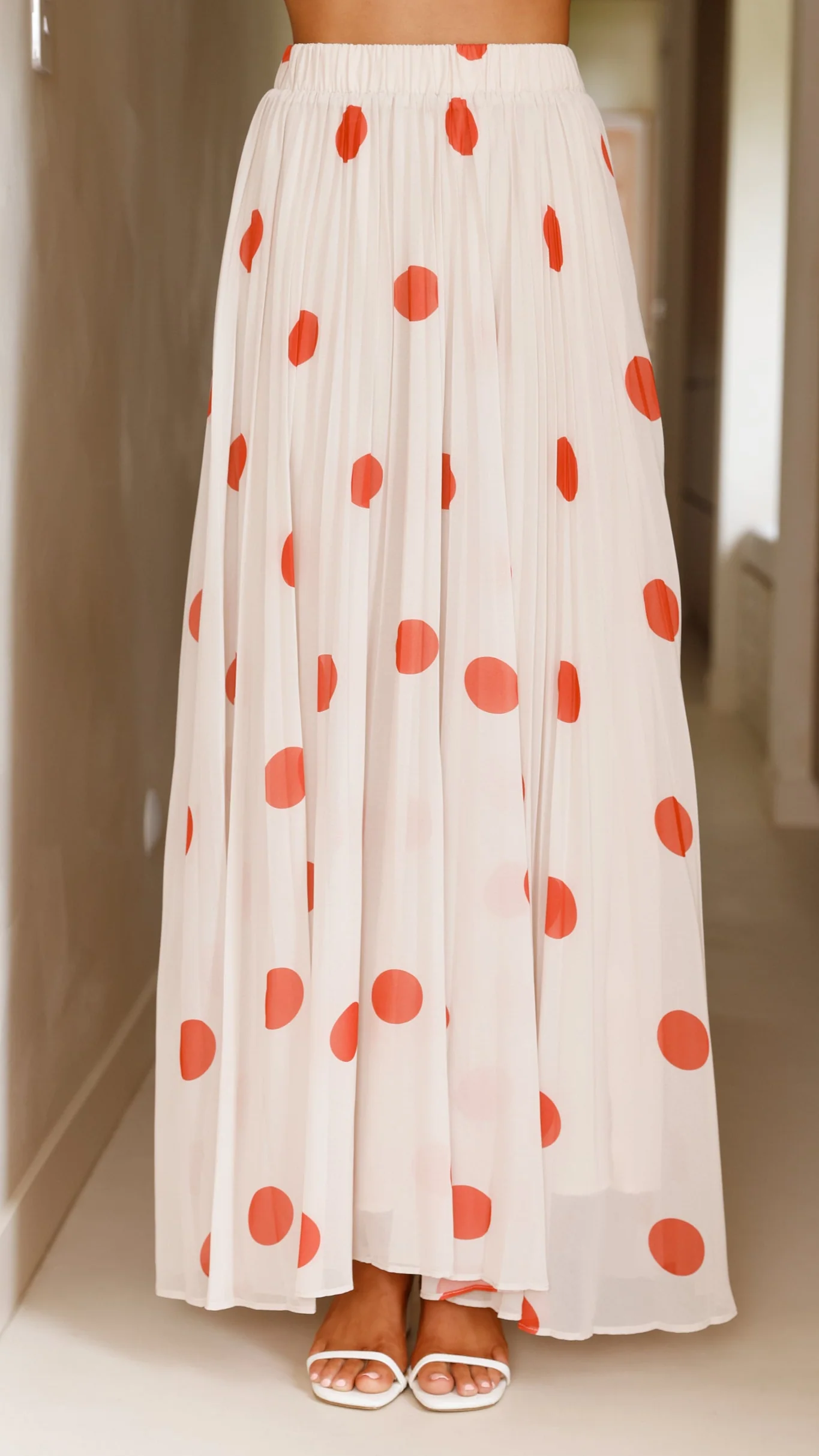 Cambree Peplum Top and Maxi Skirt Set - Beige / Red Polka Dot