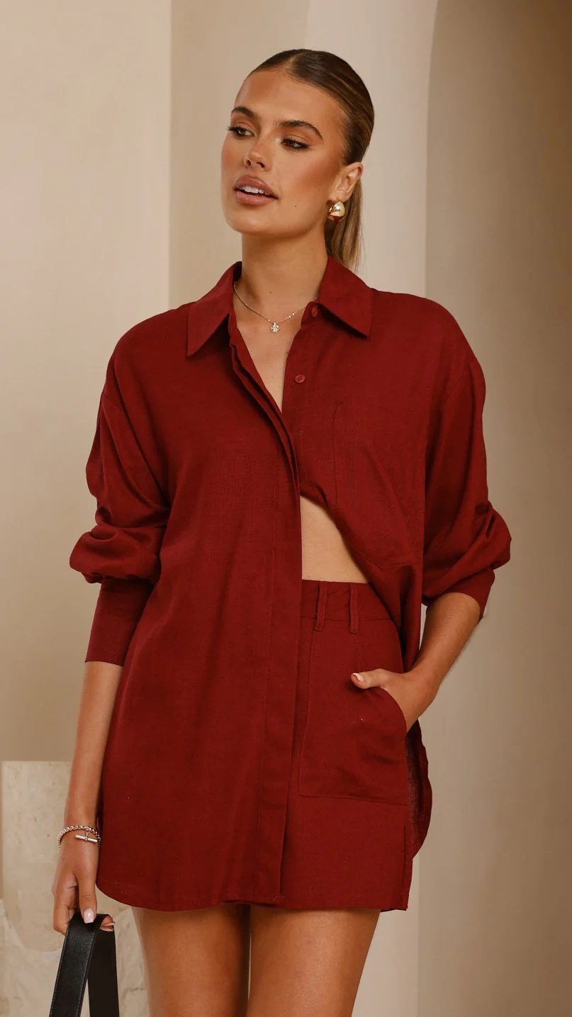 Charla Button Up Top - Burgundy