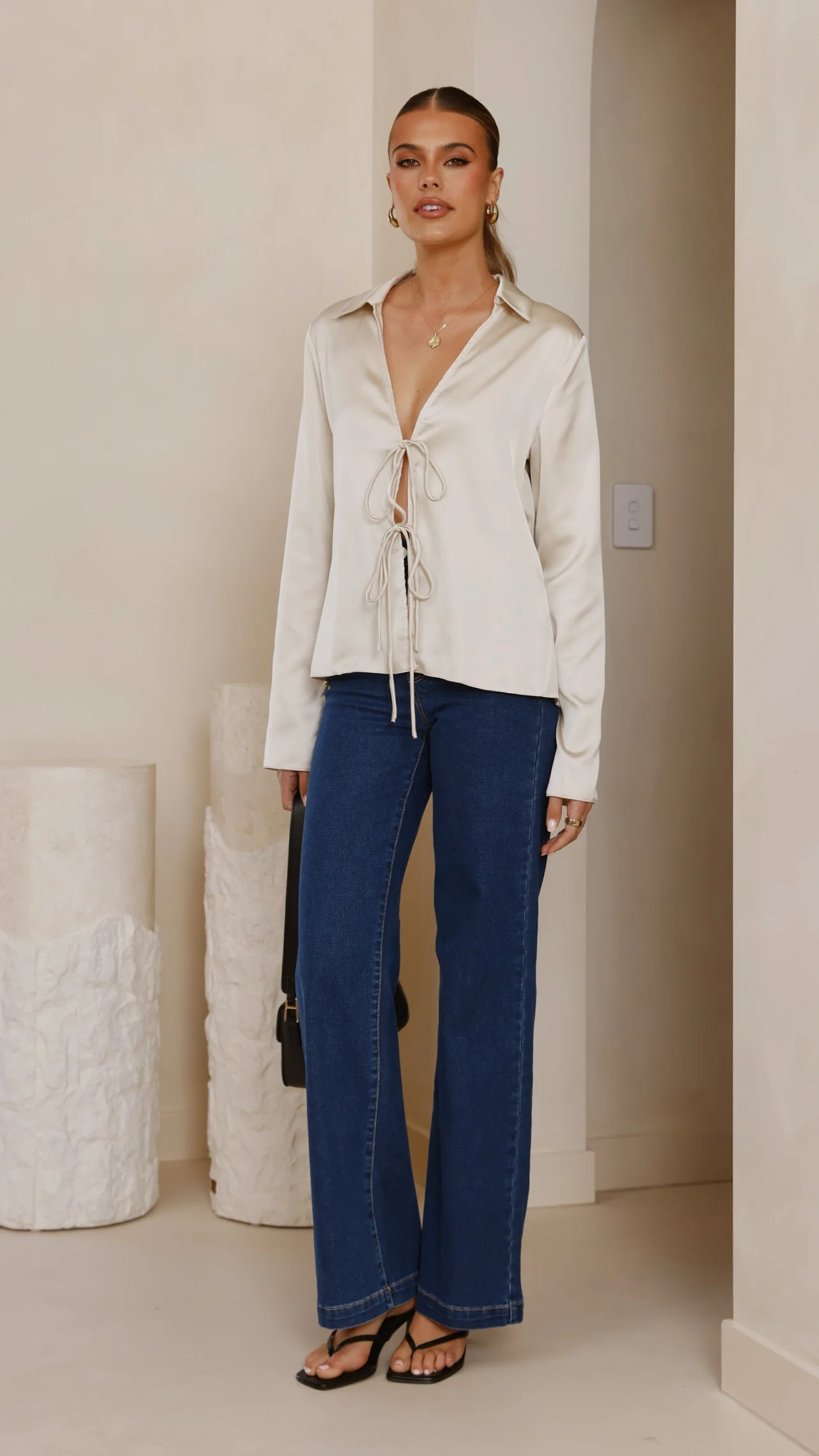 Darielle Tie Front Long Sleeve Top - Champagne