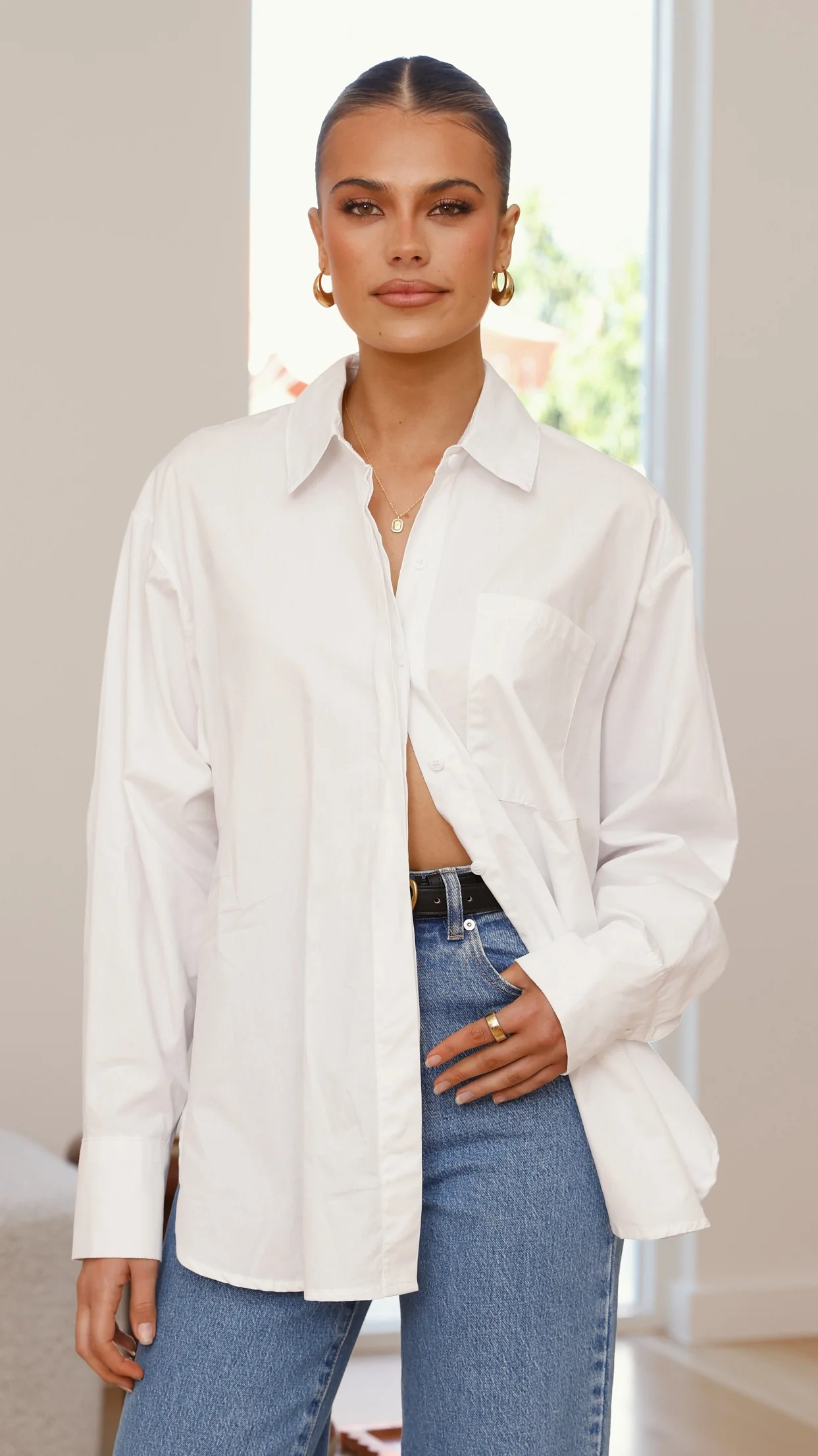 Charla Button Up Poplin Top - White