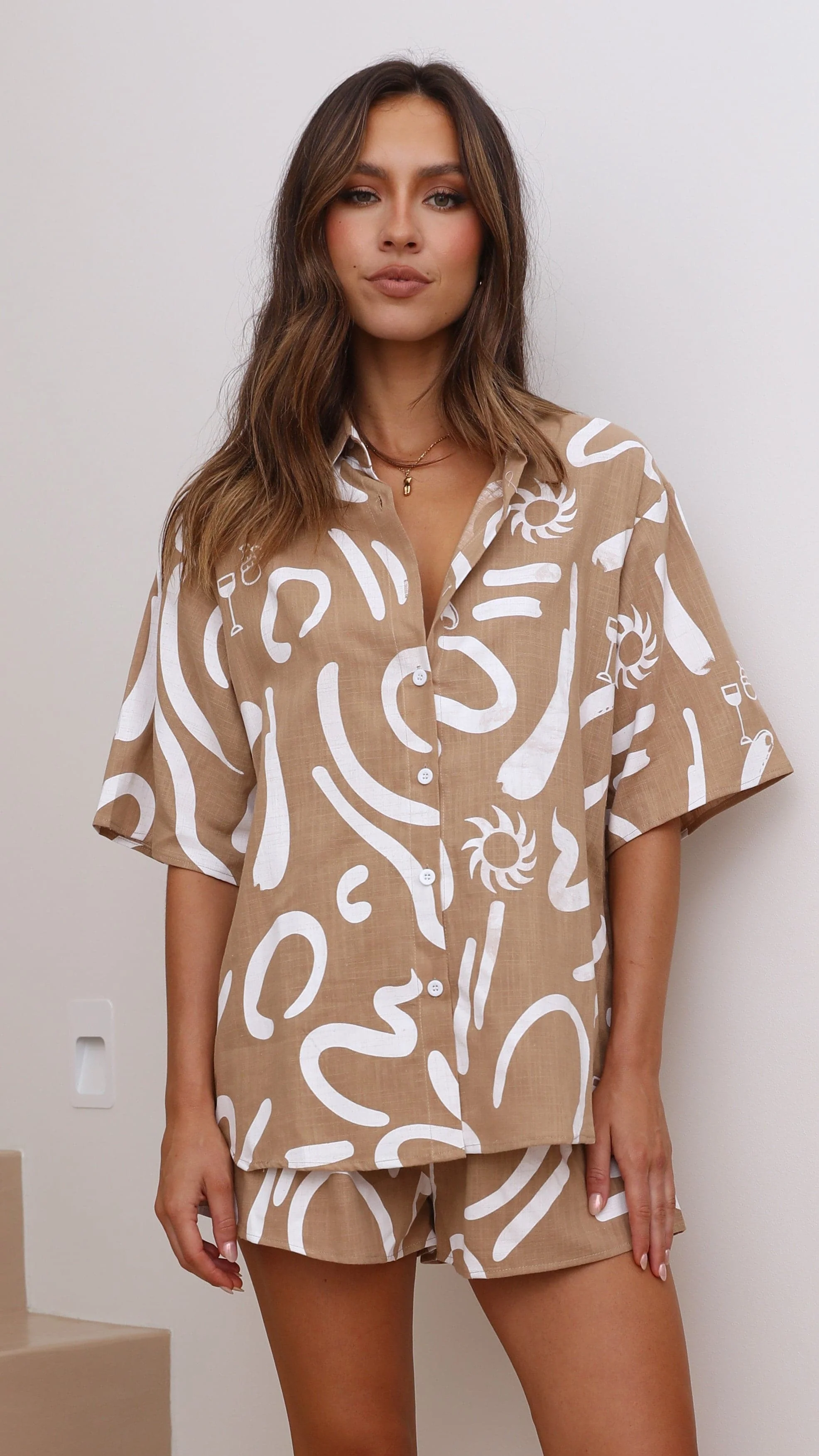 Charli Button Up Shirt and Shorts Set - Tan/White