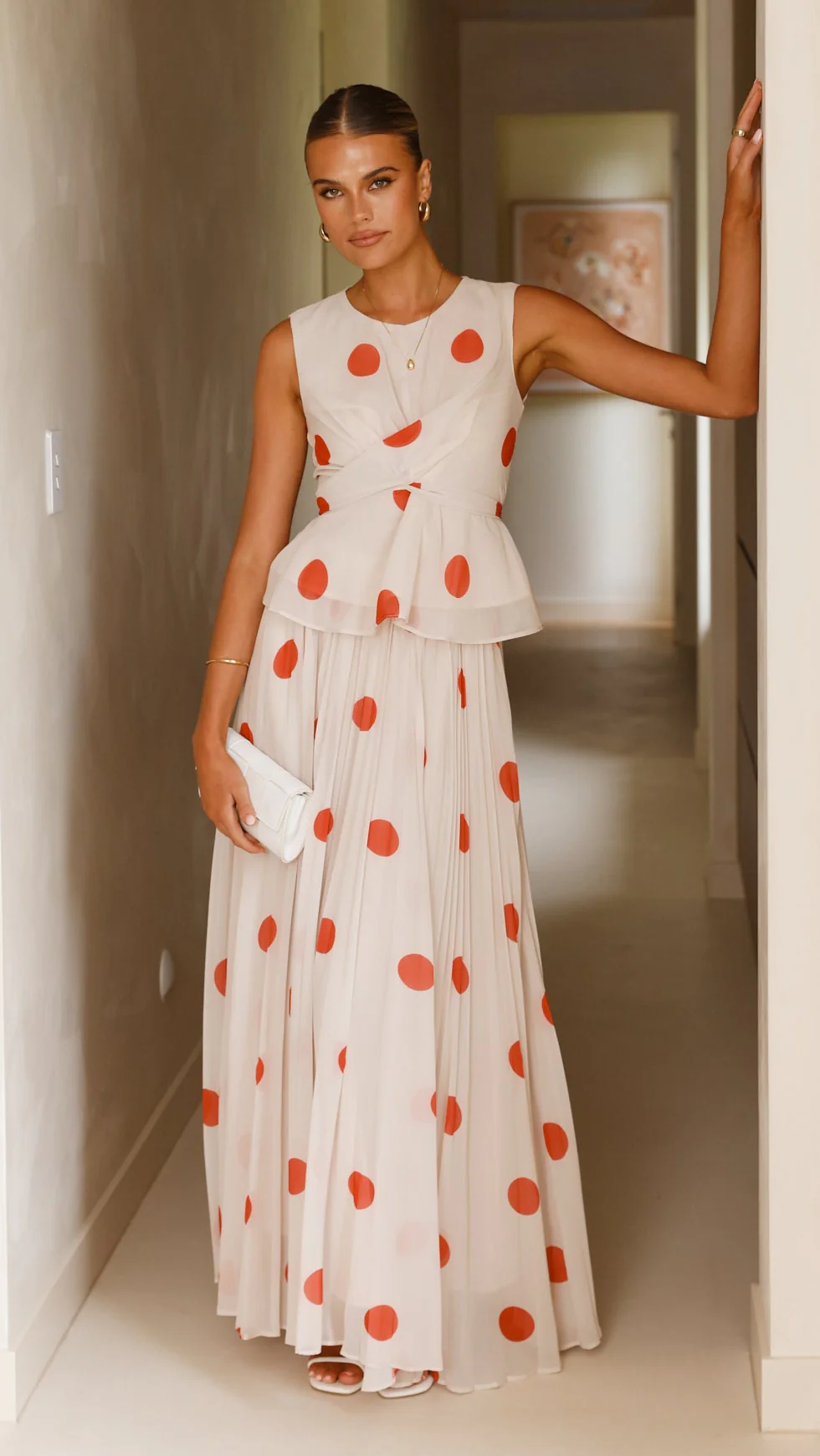 Cambree Peplum Top and Maxi Skirt Set - Beige / Red Polka Dot