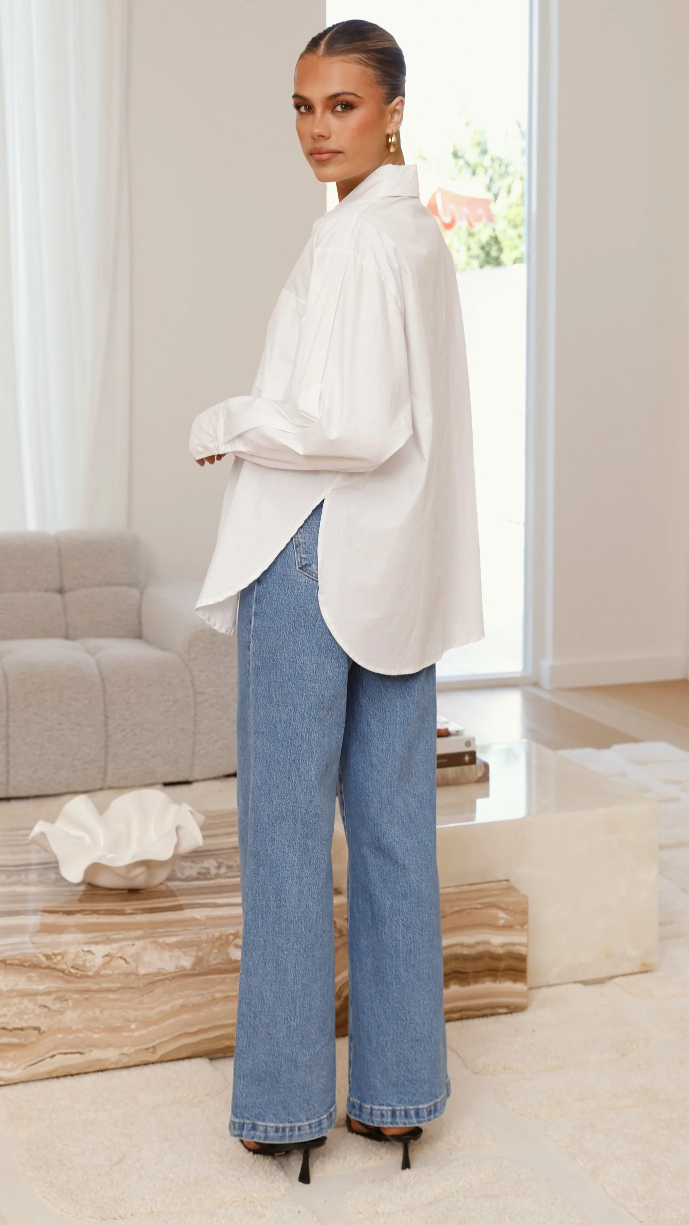 Charla Button Up Poplin Top - White