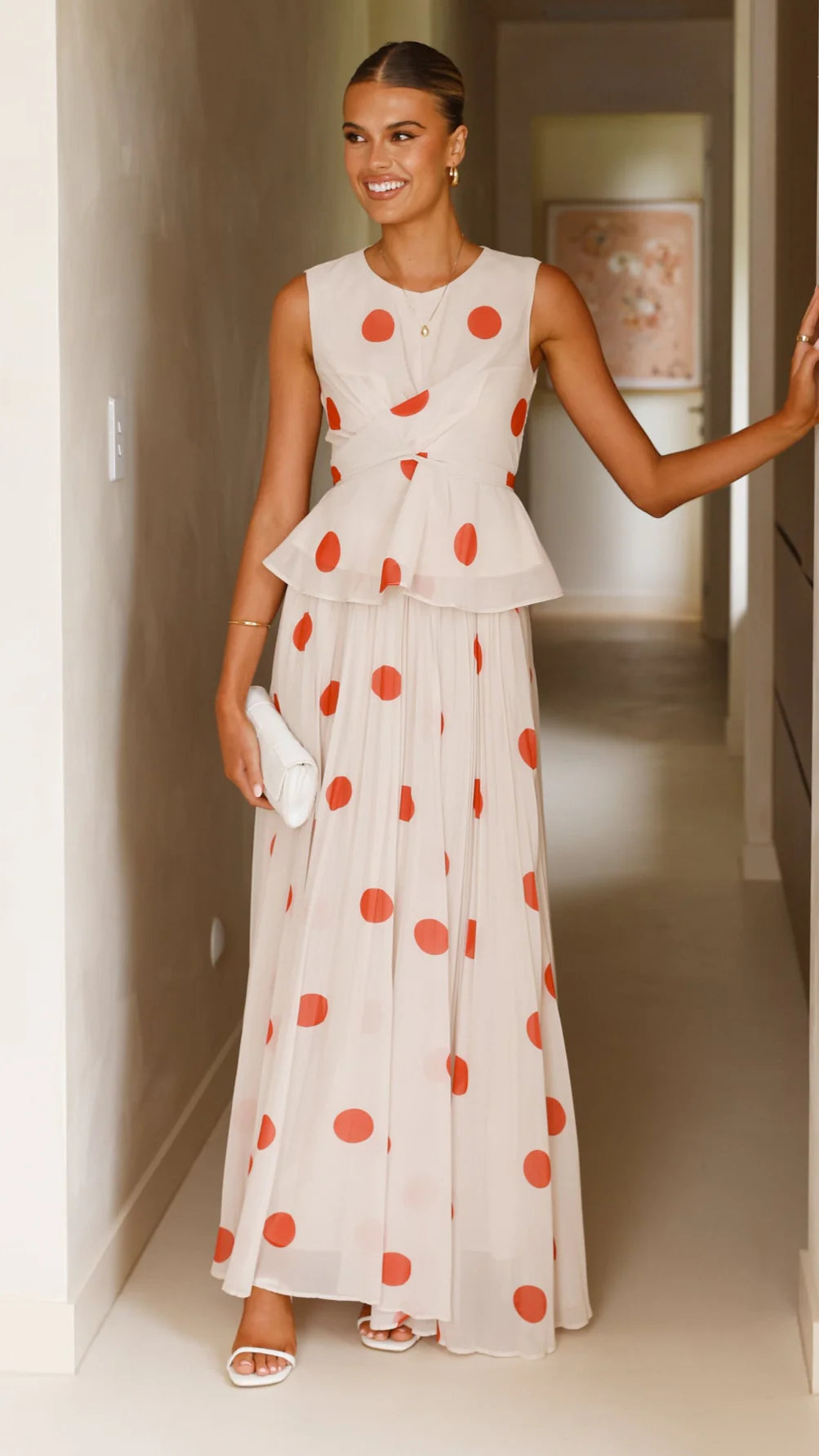 Cambree Peplum Top and Maxi Skirt Set - Beige / Red Polka Dot