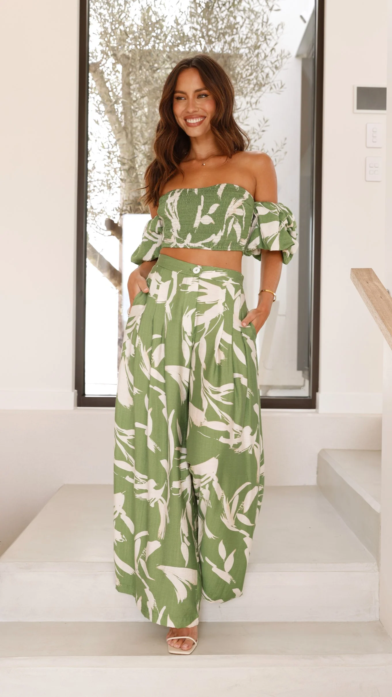 Callison Crop Top and Pants Set - Green Print