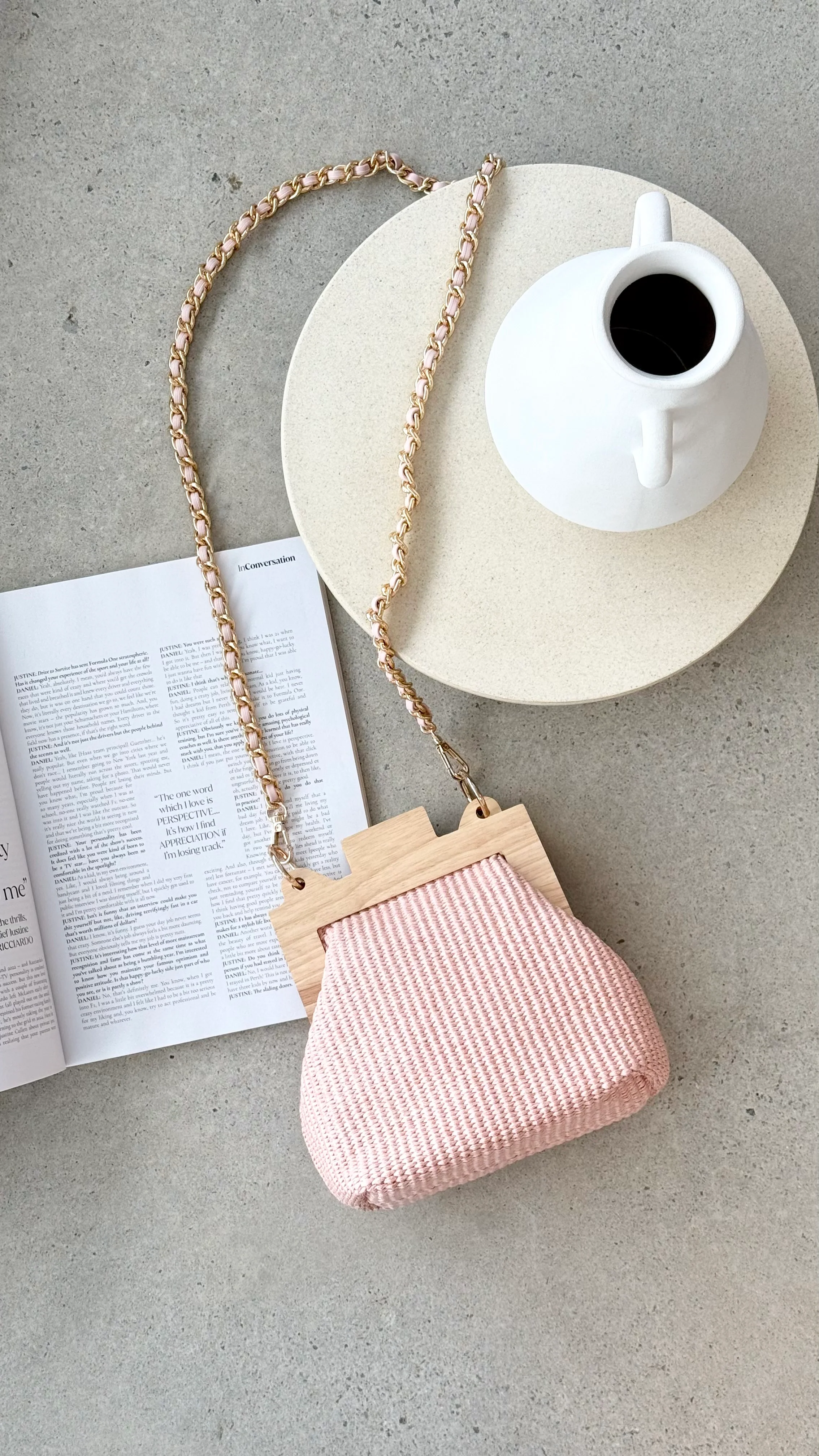 Abby Timber Frame Woven Mini Bag - Pale / Pink