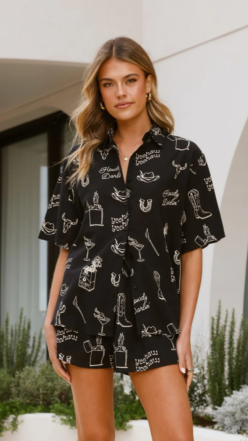 Charli Button Up Shirt and Shorts Set - Black/Beige Cowboy Print