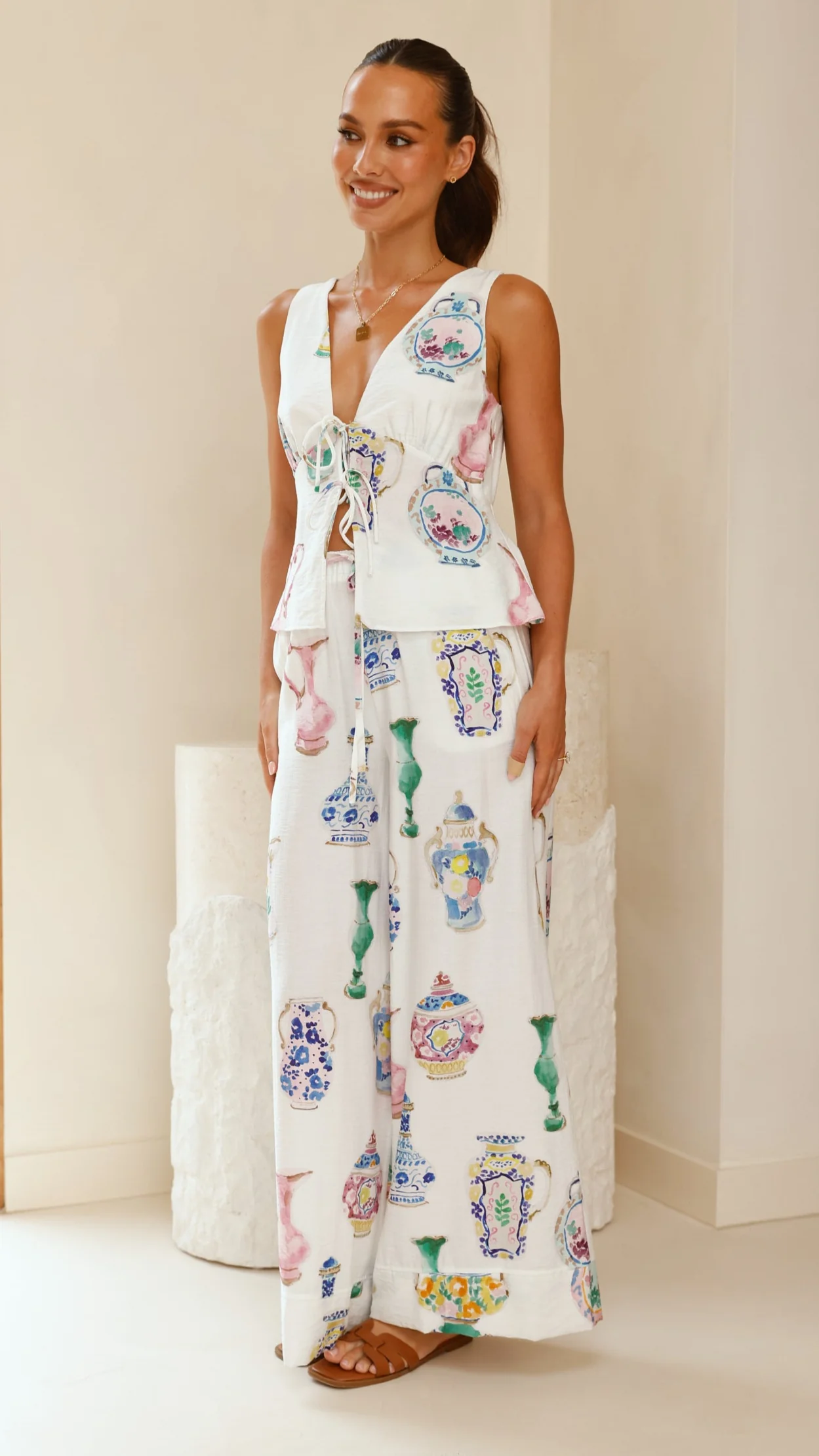 Candella Tie Front Top - Vase Print