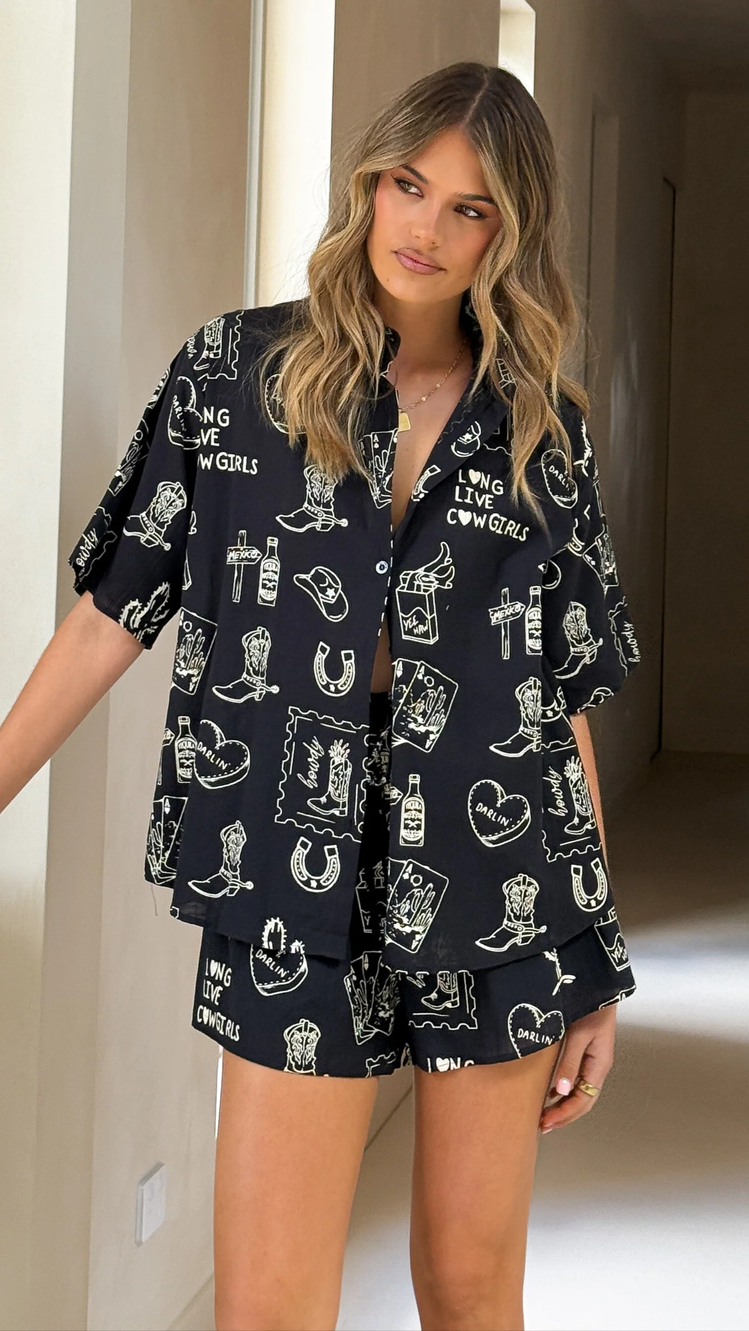 Charli Button Up Shirt and Shorts Set - Black/Beige cowgirl