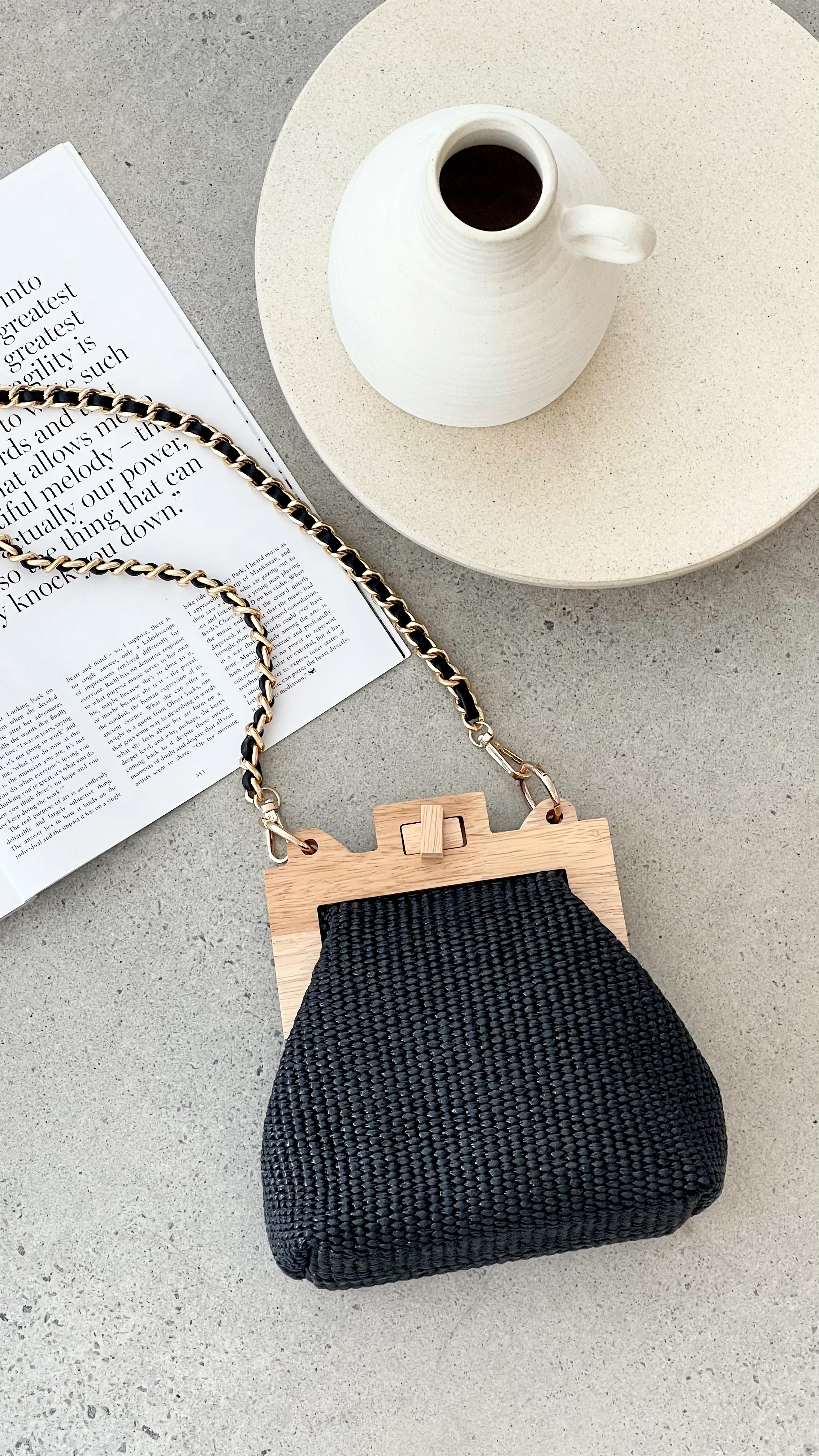 Abby Timber Frame Woven Mini Bag - Black