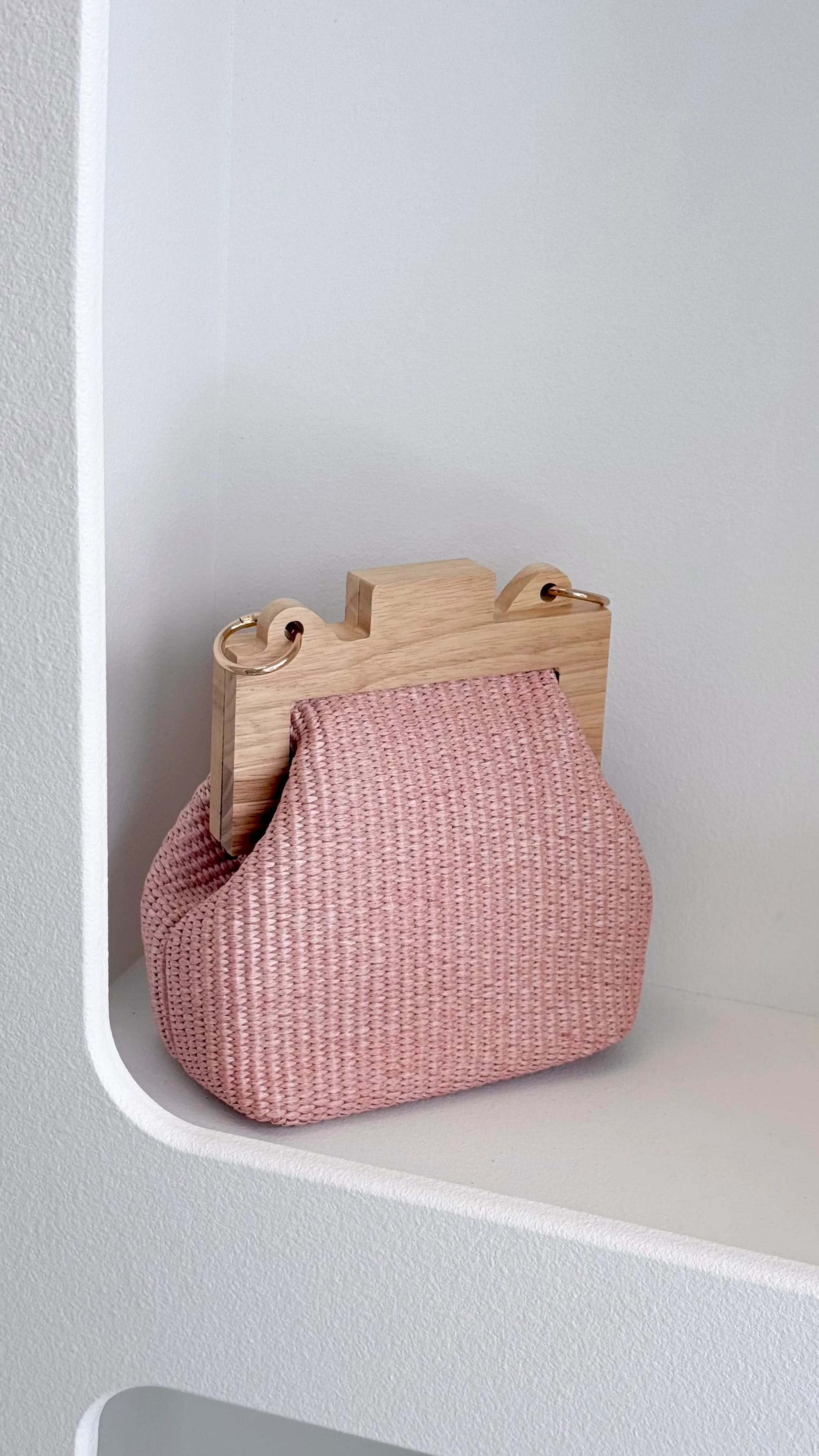 Abby Timber Frame Woven Mini Bag - Pale / Pink