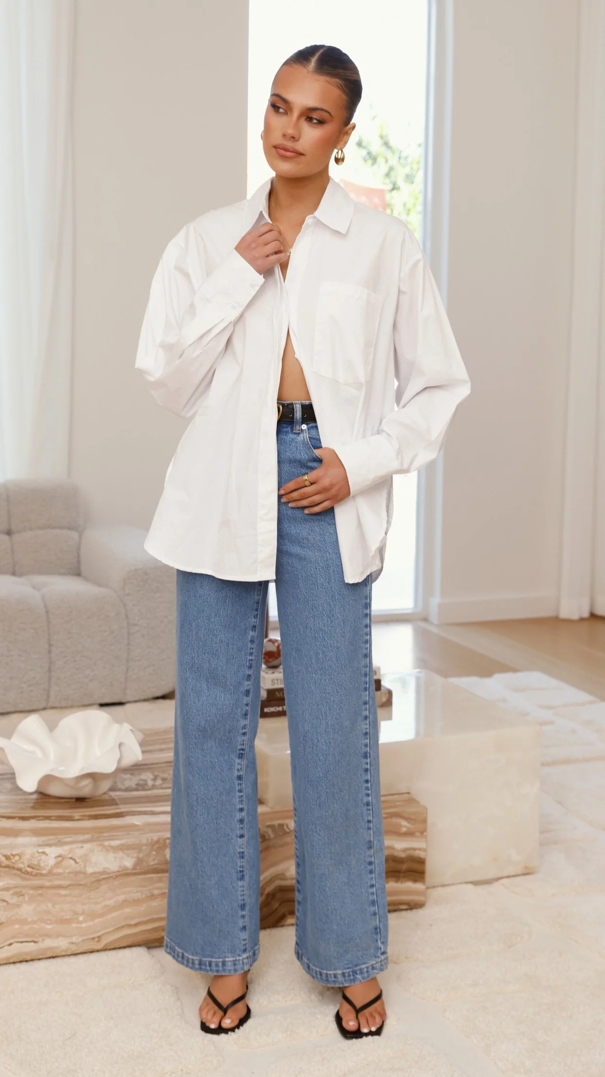 Charla Button Up Poplin Top - White