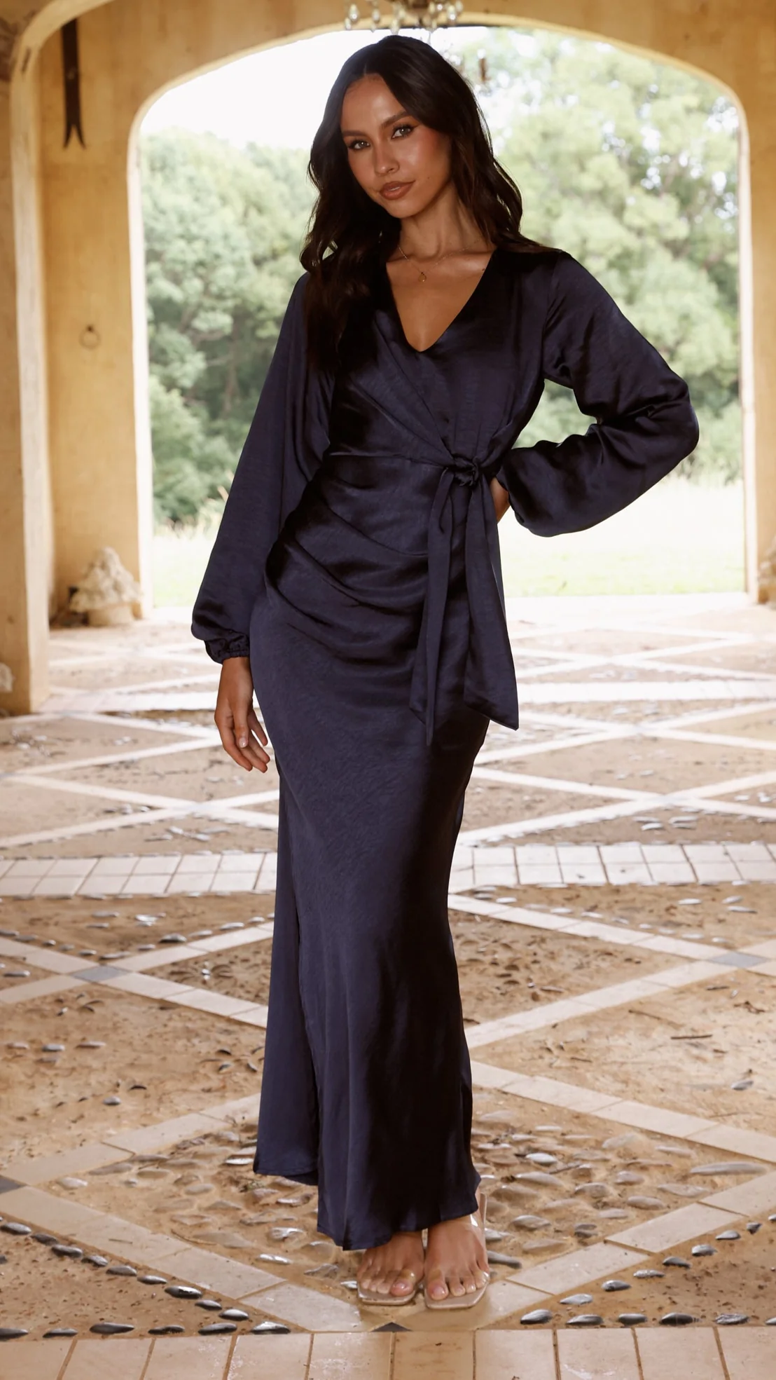 Ivy Long Sleeve Tie Front Maxi Dress - Navy