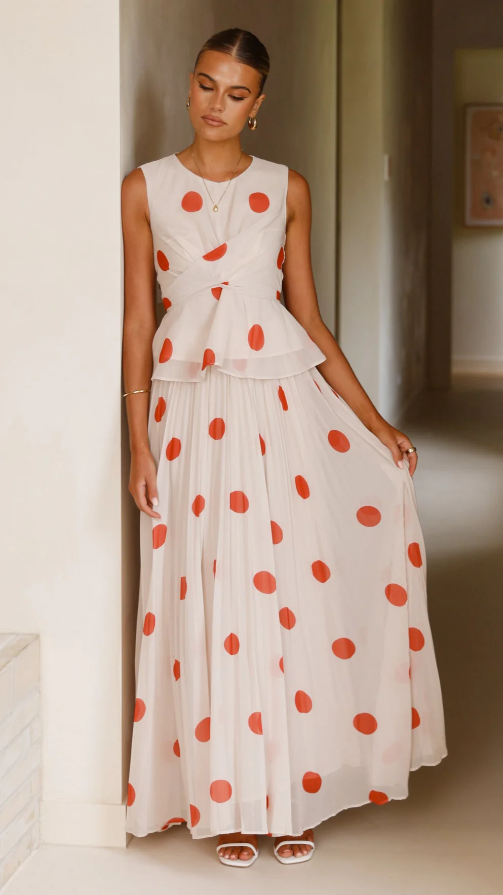 Cambree Peplum Top and Maxi Skirt Set - Beige / Red Polka Dot