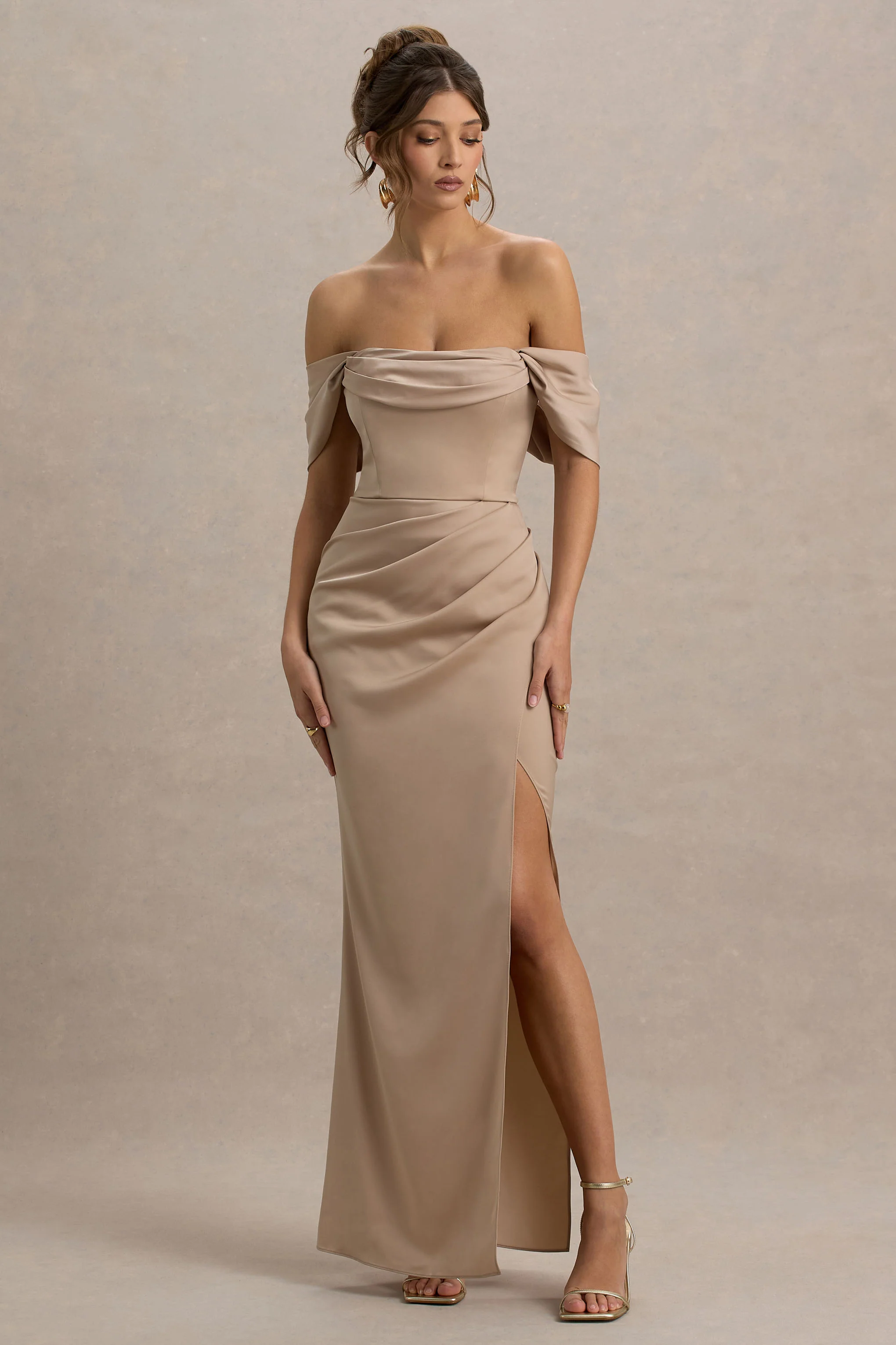 Annie | Champagne Satin Bardot Maxi Dress With Split Wrap Skirt