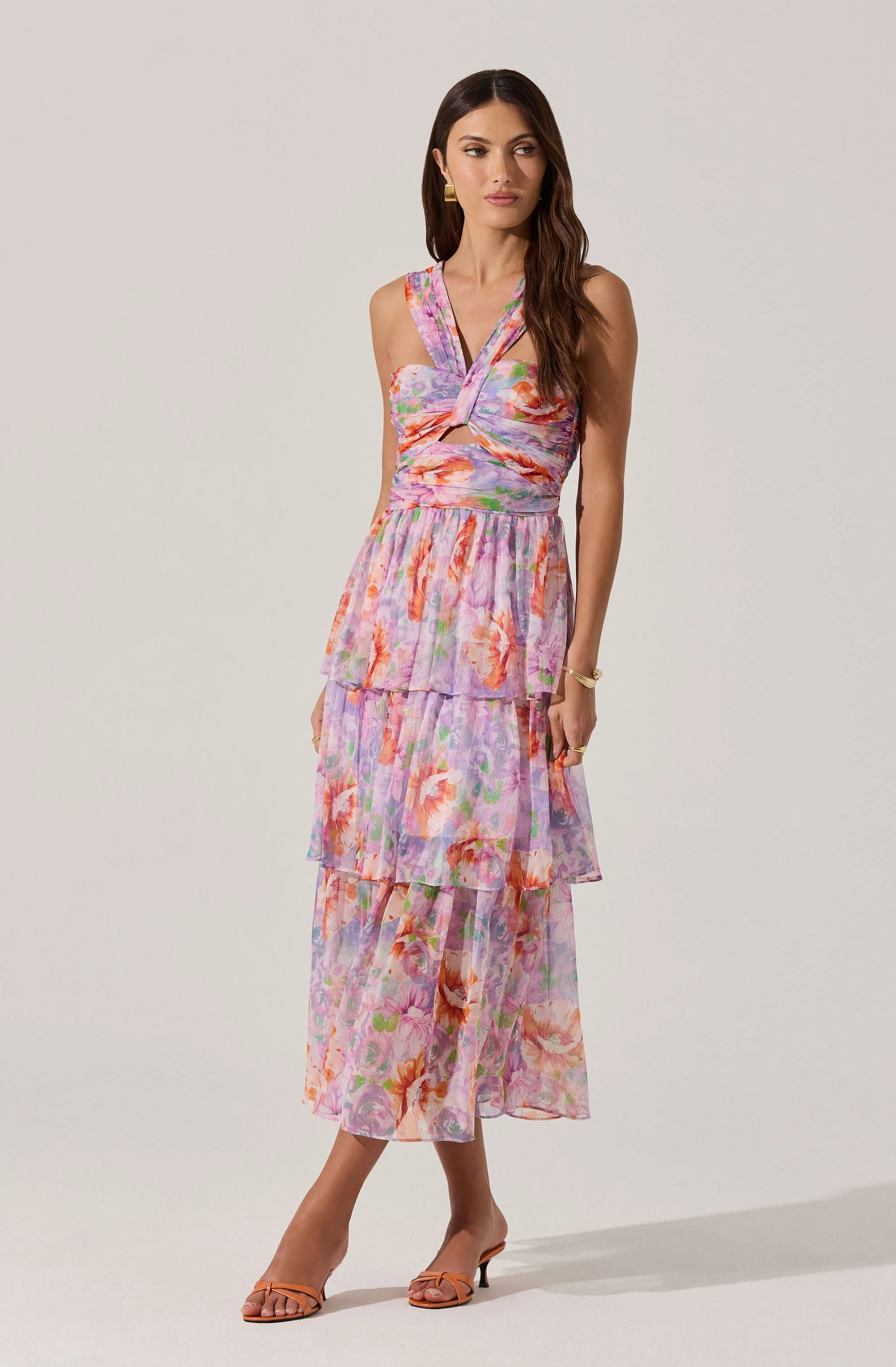 Tiered Floral Cutout Midi Dress