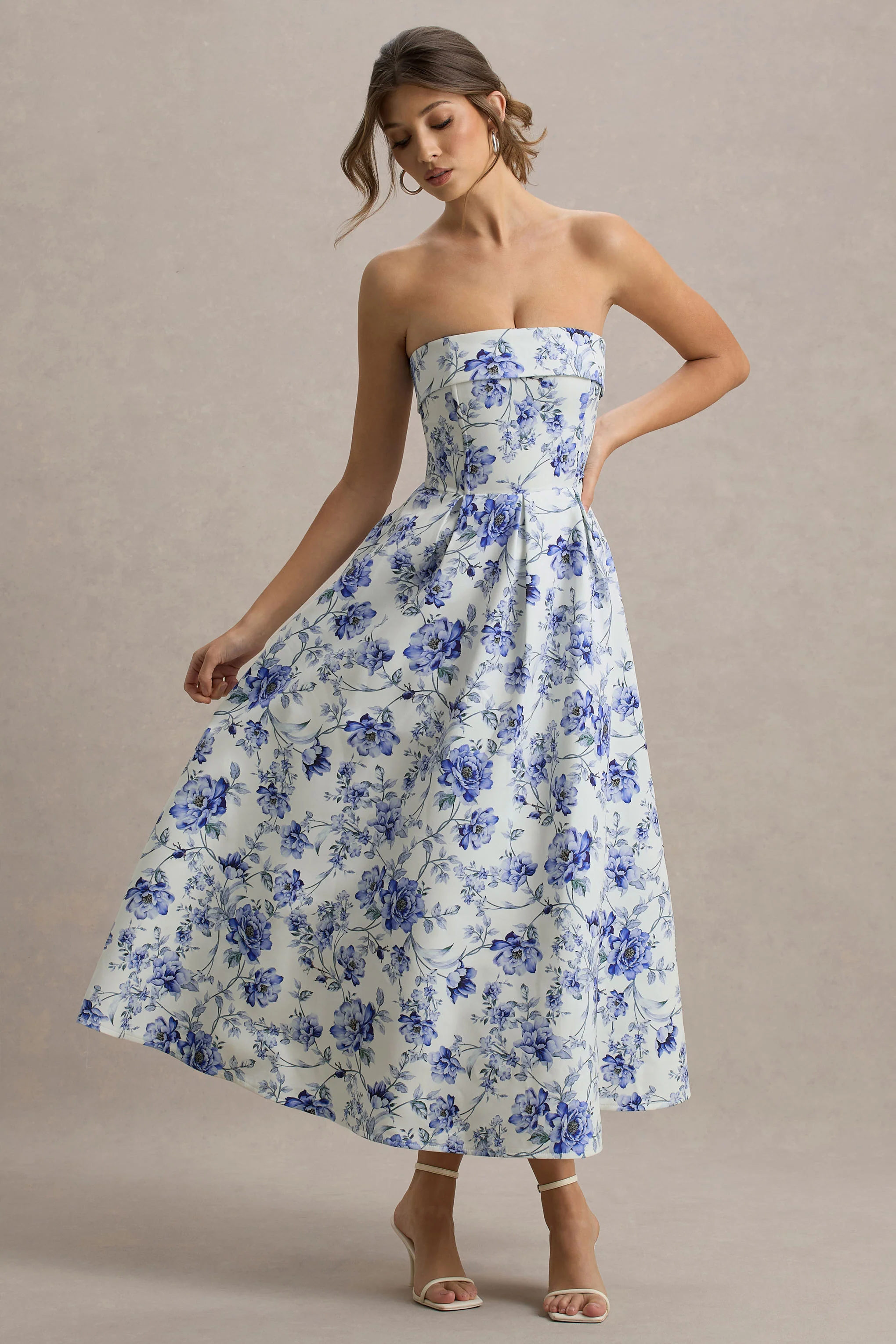 Annalise | Blue Porcelain Print Bandeau Skater Midi Dress