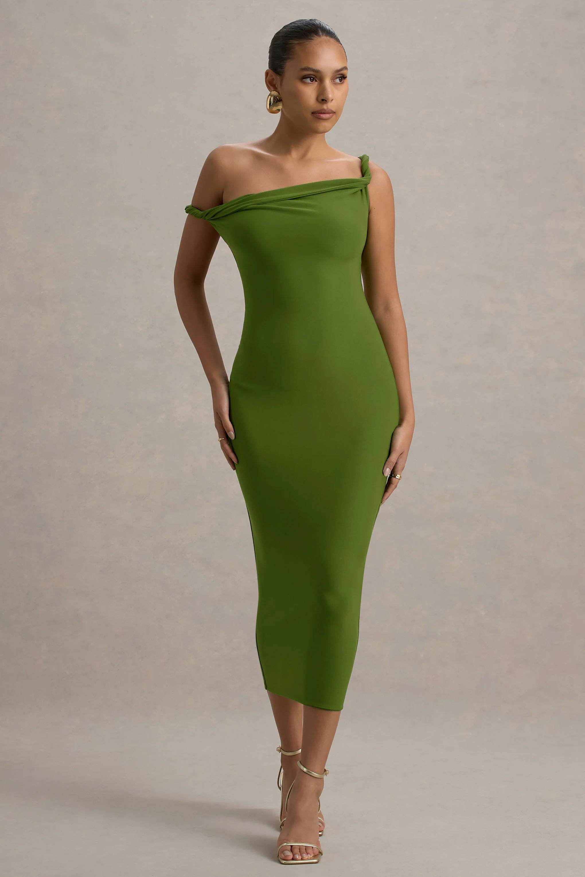 Salome | Green Twisted Asymmetric Midi Dress