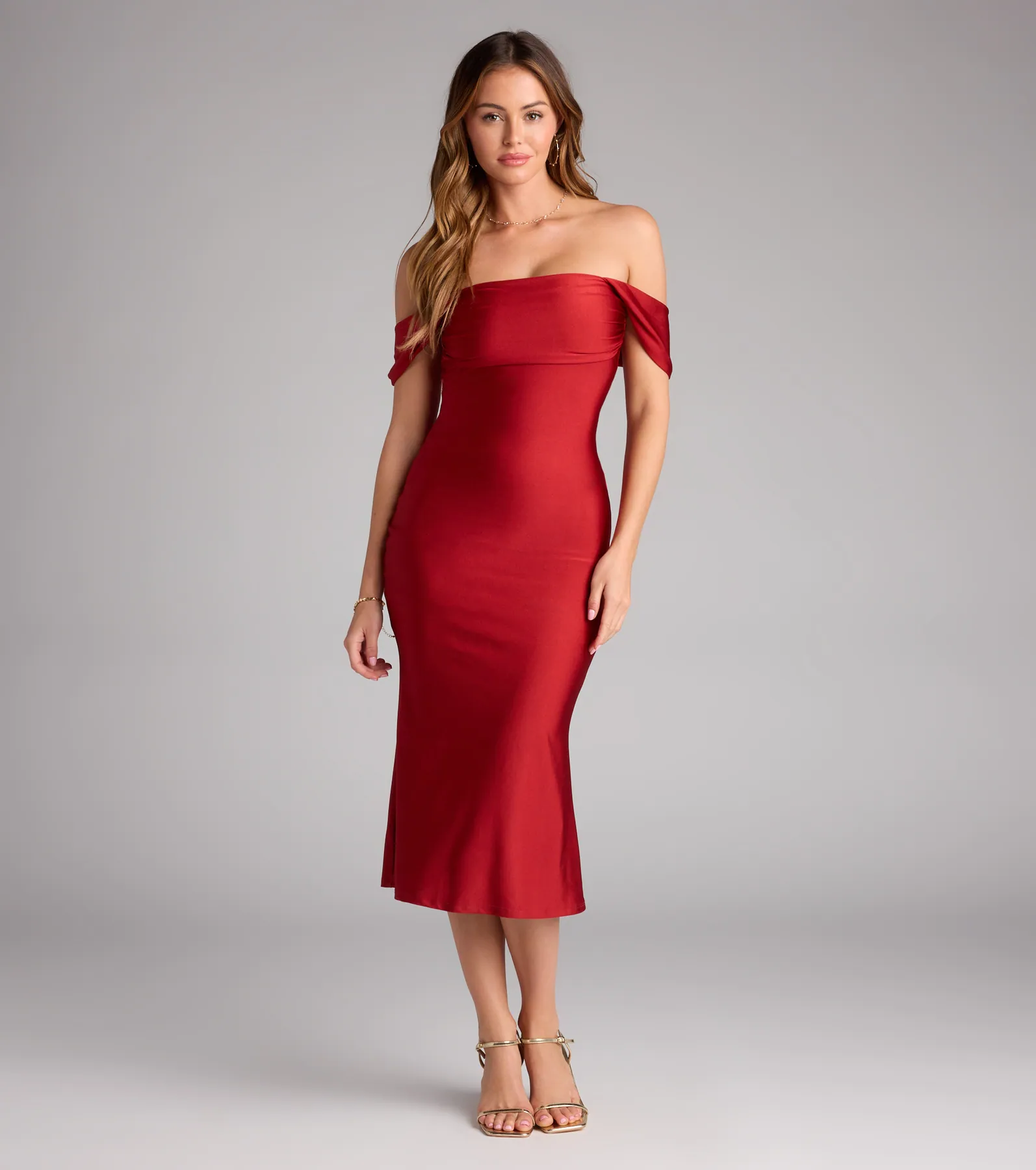 Exceptional Off-The-Shoulder Flared Midi Dress