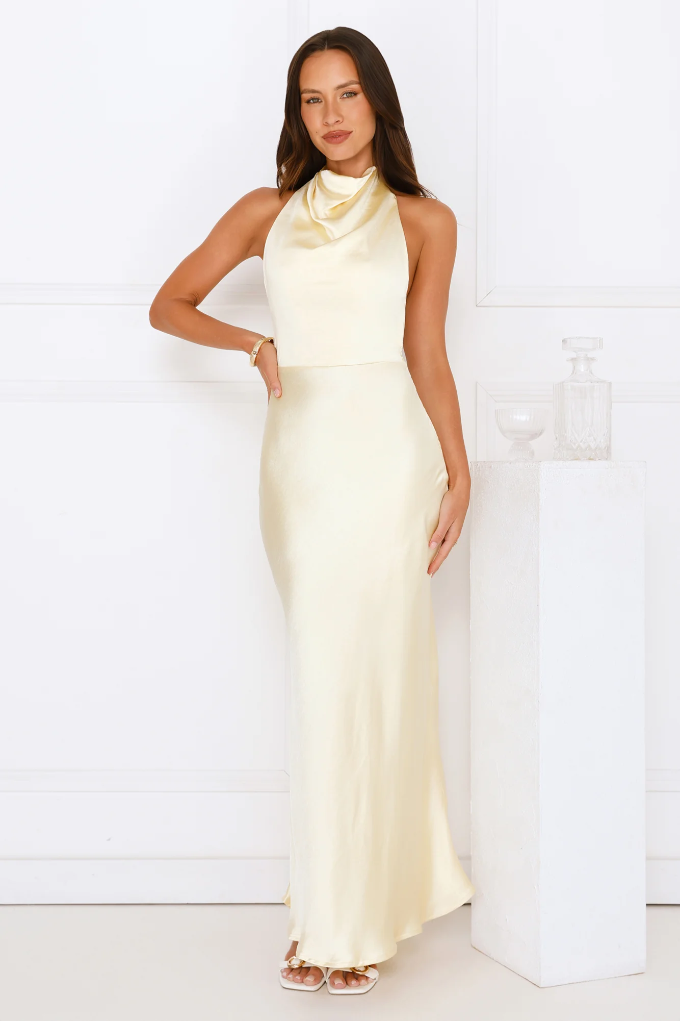 Draped In Diamonds Satin Halter Maxi Dress Yellow