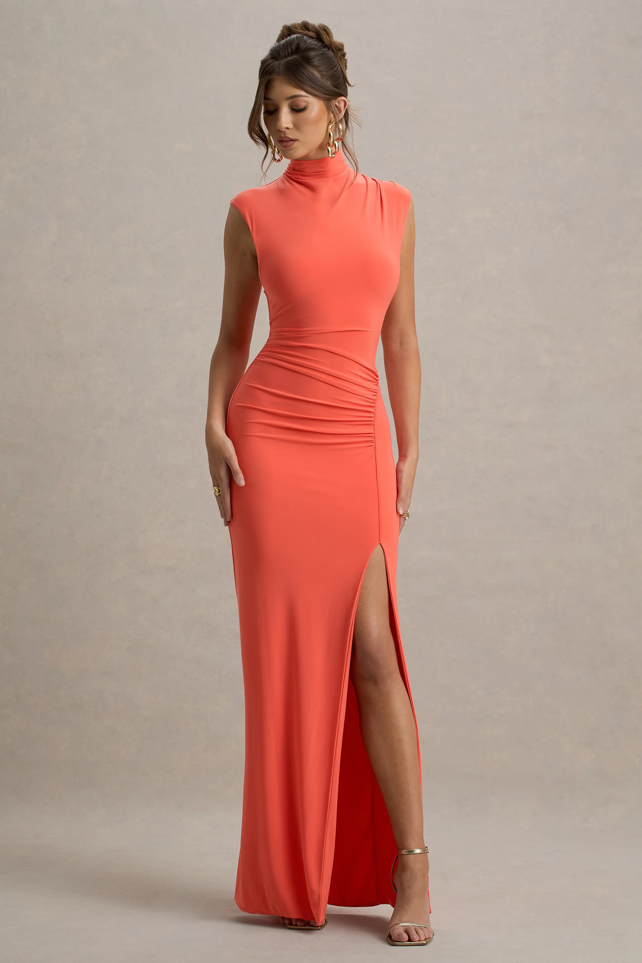 Lanetta | Coral Ruched High-Neck Maxi Dress With Split