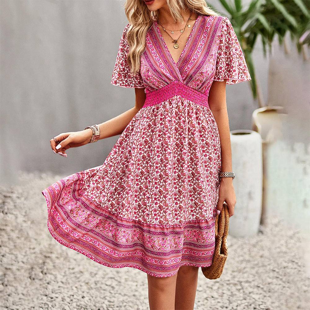 Boho Floral Shirring Waist Midi Swing Dress